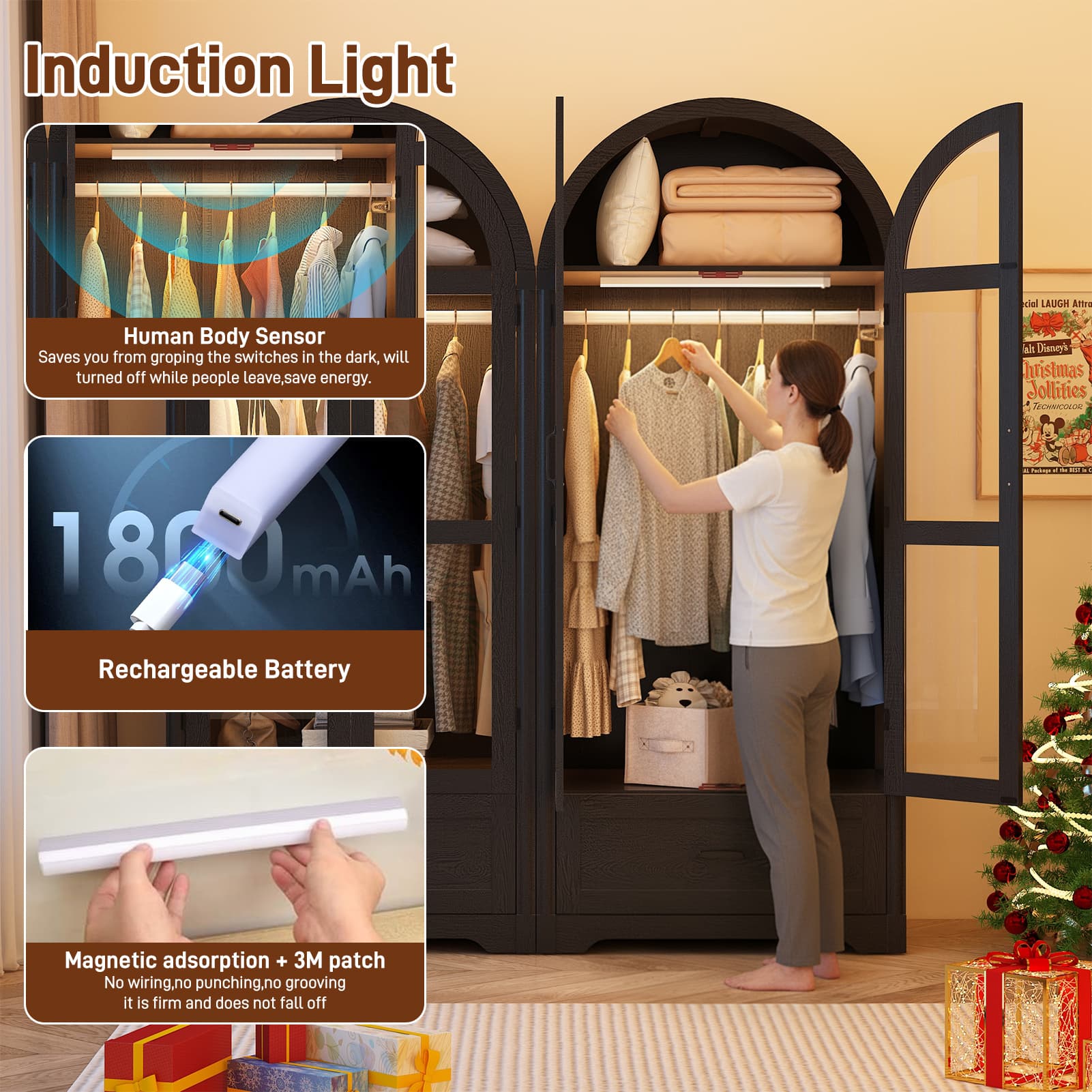 71"H Arched Armoire Wardrobe Closet for Bedroom w/ Glass Door & LED Sensor Light, Wooden Wardrobe Closet Clothing Storage Cabinet w/1 Drawer & Hanging Rod