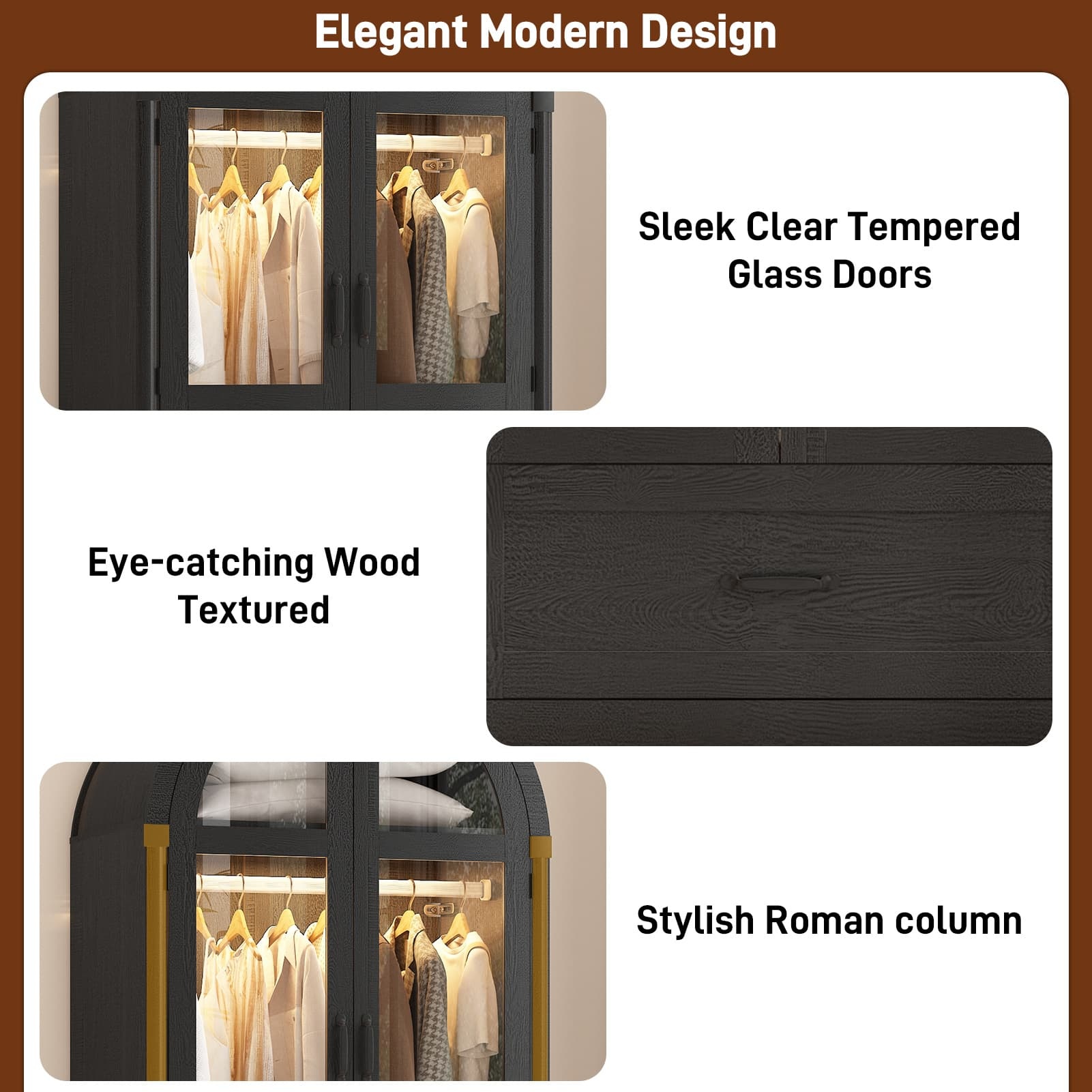 71"H Arched Armoire Wardrobe Closet for Bedroom w/ Glass Door & LED Sensor Light, Wooden Wardrobe Closet Clothing Storage Cabinet w/1 Drawer & Hanging Rod