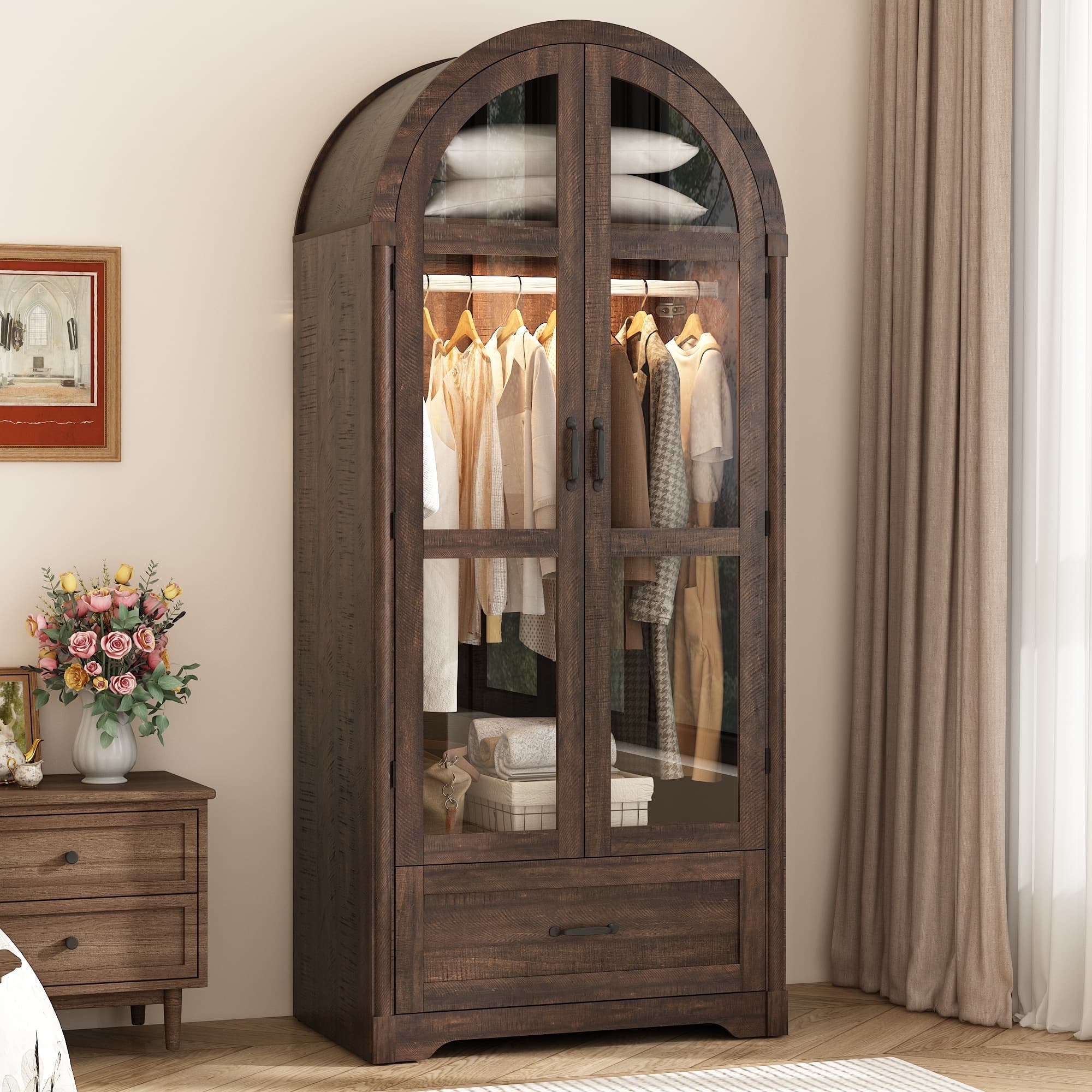 71"H Arched Armoire Wardrobe Closet for Bedroom w/ Glass Door & LED Sensor Light, Wooden Wardrobe Closet Clothing Storage Cabinet w/1 Drawer & Hanging Rod