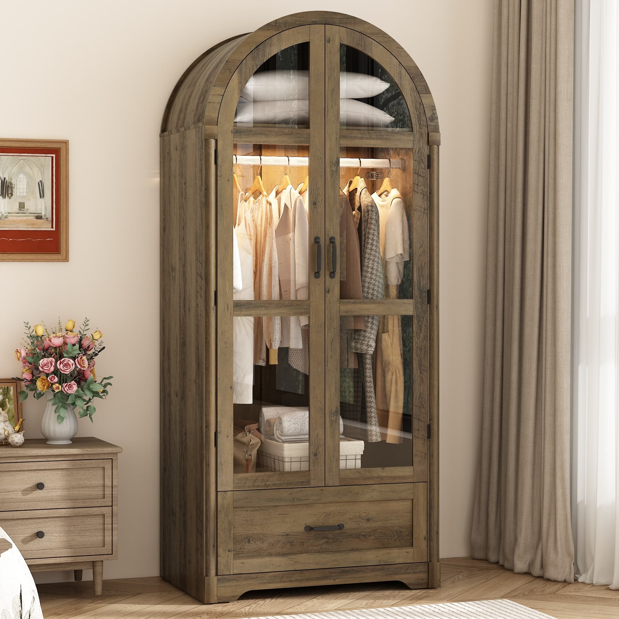 71"H Arched Armoire Wardrobe Closet for Bedroom w/ Glass Door & LED Sensor Light, Wooden Wardrobe Closet Clothing Storage Cabinet w/1 Drawer & Hanging Rod