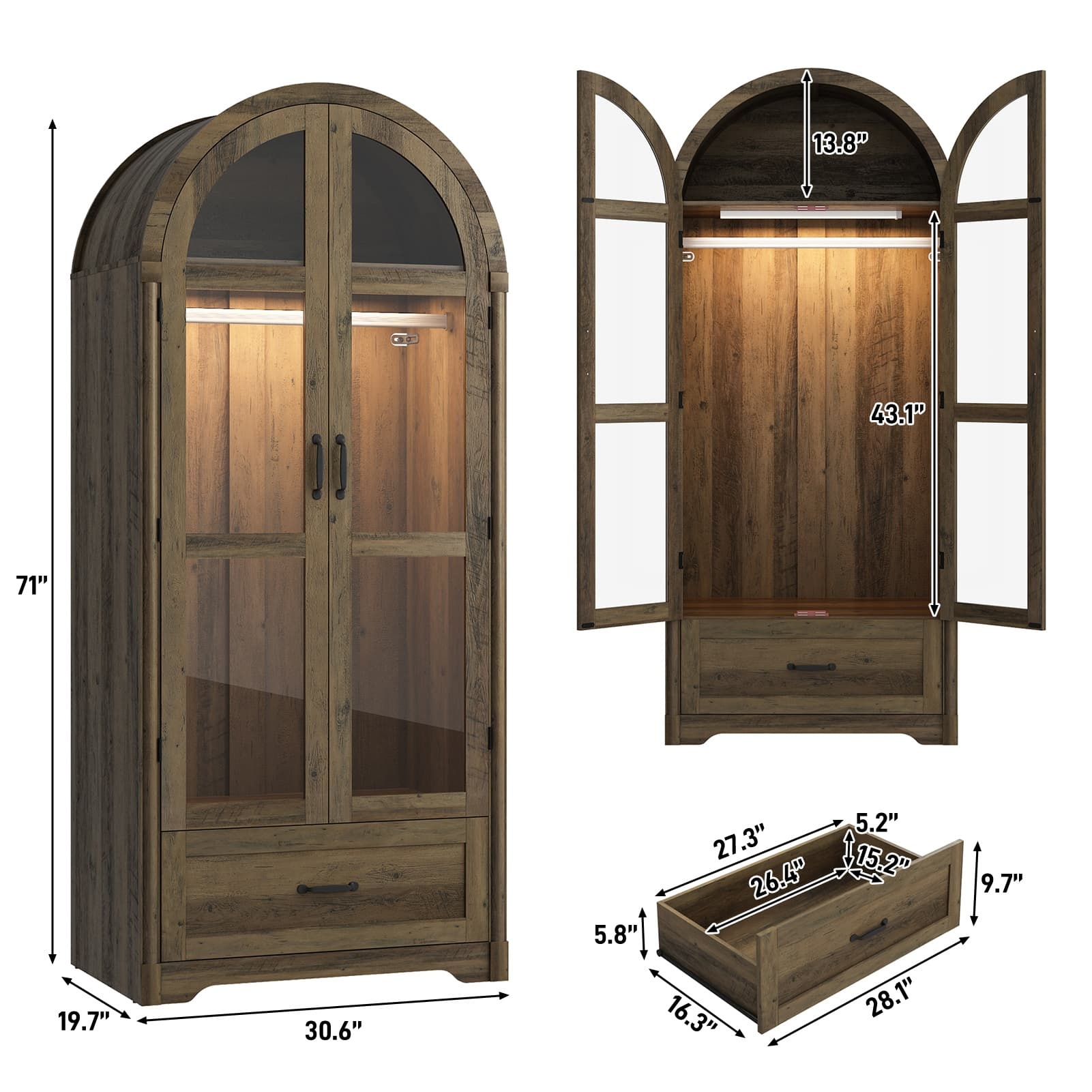71"H Arched Armoire Wardrobe Closet for Bedroom w/ Glass Door & LED Sensor Light, Wooden Wardrobe Closet Clothing Storage Cabinet w/1 Drawer & Hanging Rod