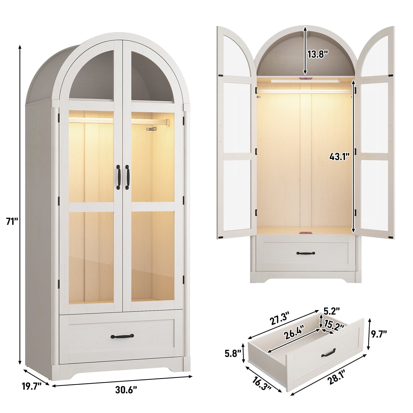 71"H Arched Armoire Wardrobe Closet for Bedroom w/ Glass Door & LED Sensor Light, Wooden Wardrobe Closet Clothing Storage Cabinet w/1 Drawer & Hanging Rod