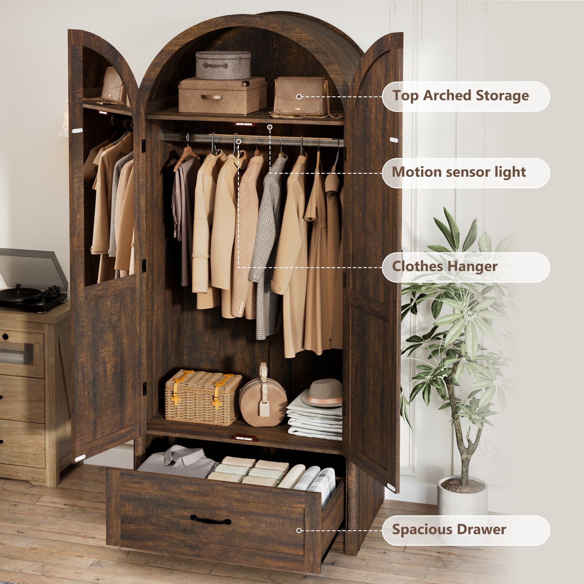 71"H Arched Armoire Wardrobe Closet for Bedroom