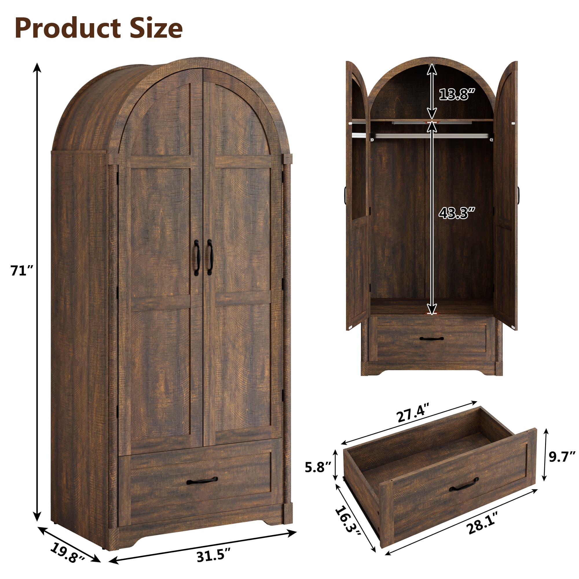 71"H Arched Armoire Wardrobe Closet for Bedroom