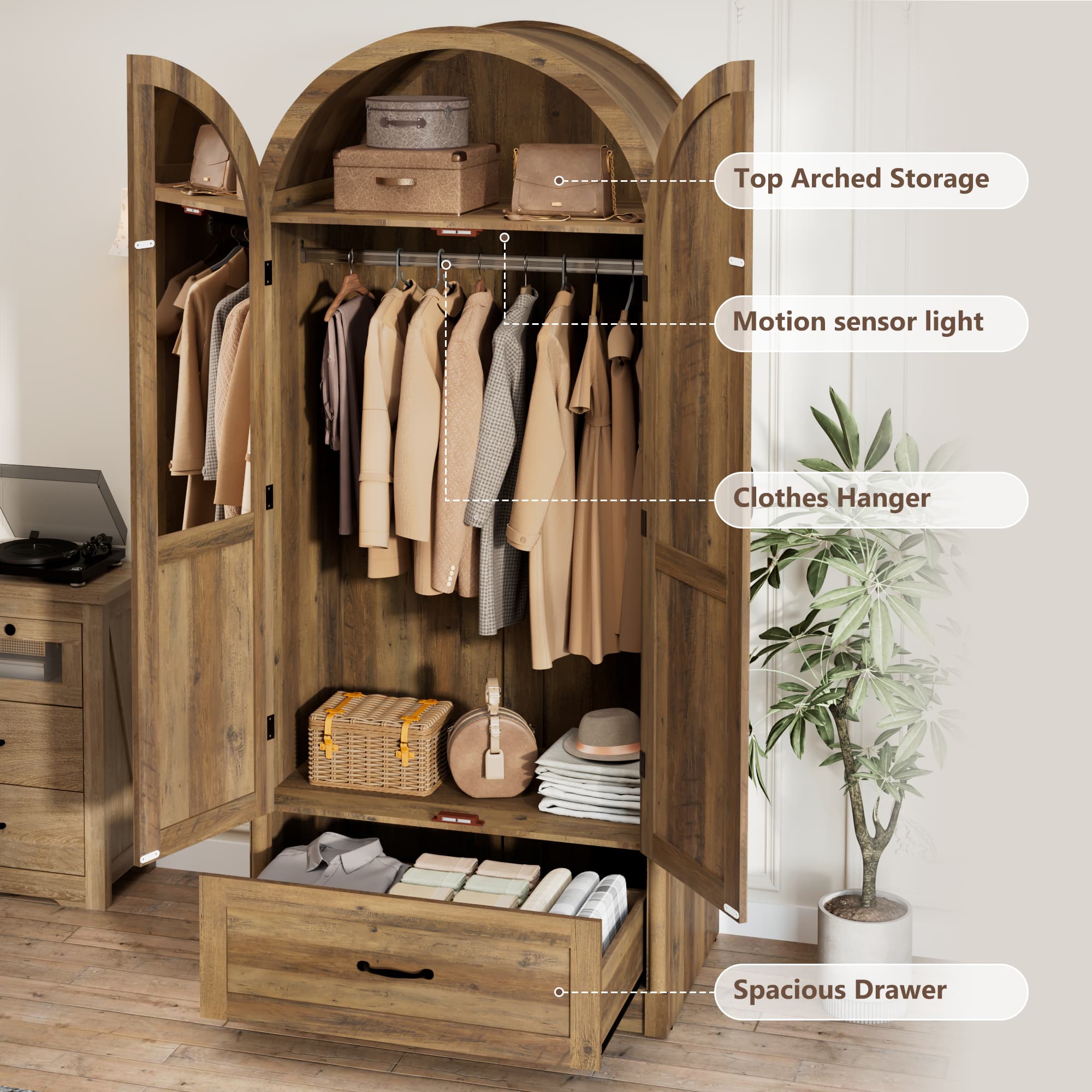 71"H Arched Armoire Wardrobe Closet for Bedroom