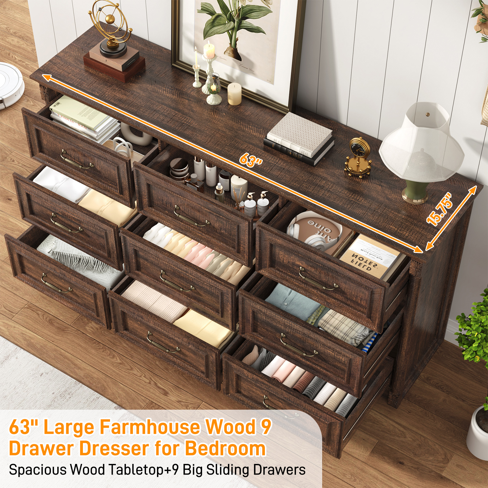 Blotout Farmhouse 9 Drawer Dresser for Bedroom, 63" Wide Wood Country Rustic Chest of Drawers with Roman Column & Bar Handles, Long Dresser for Bedroom, Living Room