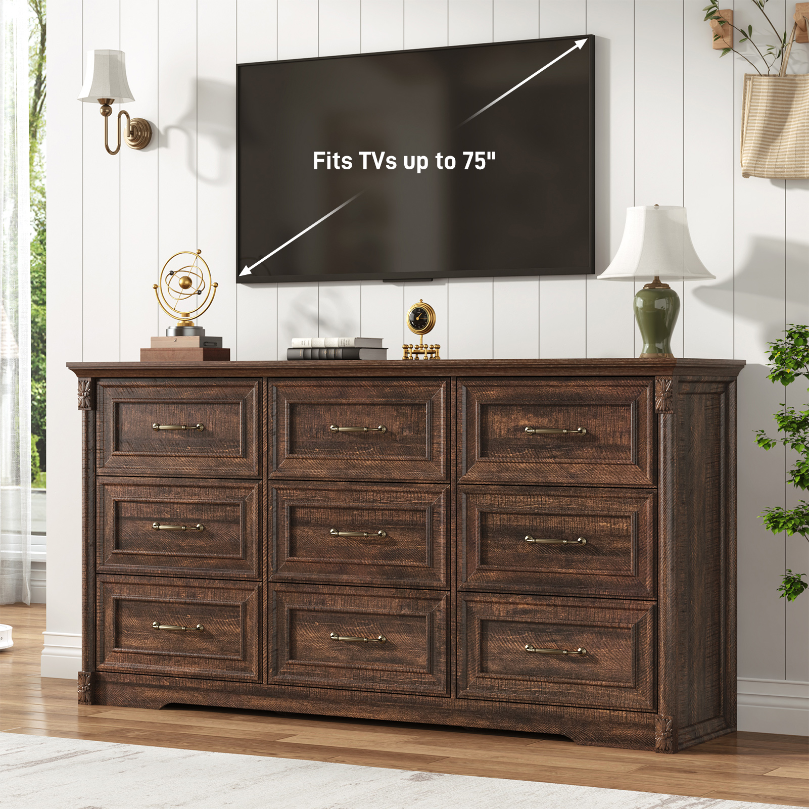 Blotout Farmhouse 9 Drawer Dresser for Bedroom, 63" Wide Wood Country Rustic Chest of Drawers with Roman Column & Bar Handles, Long Dresser for Bedroom, Living Room