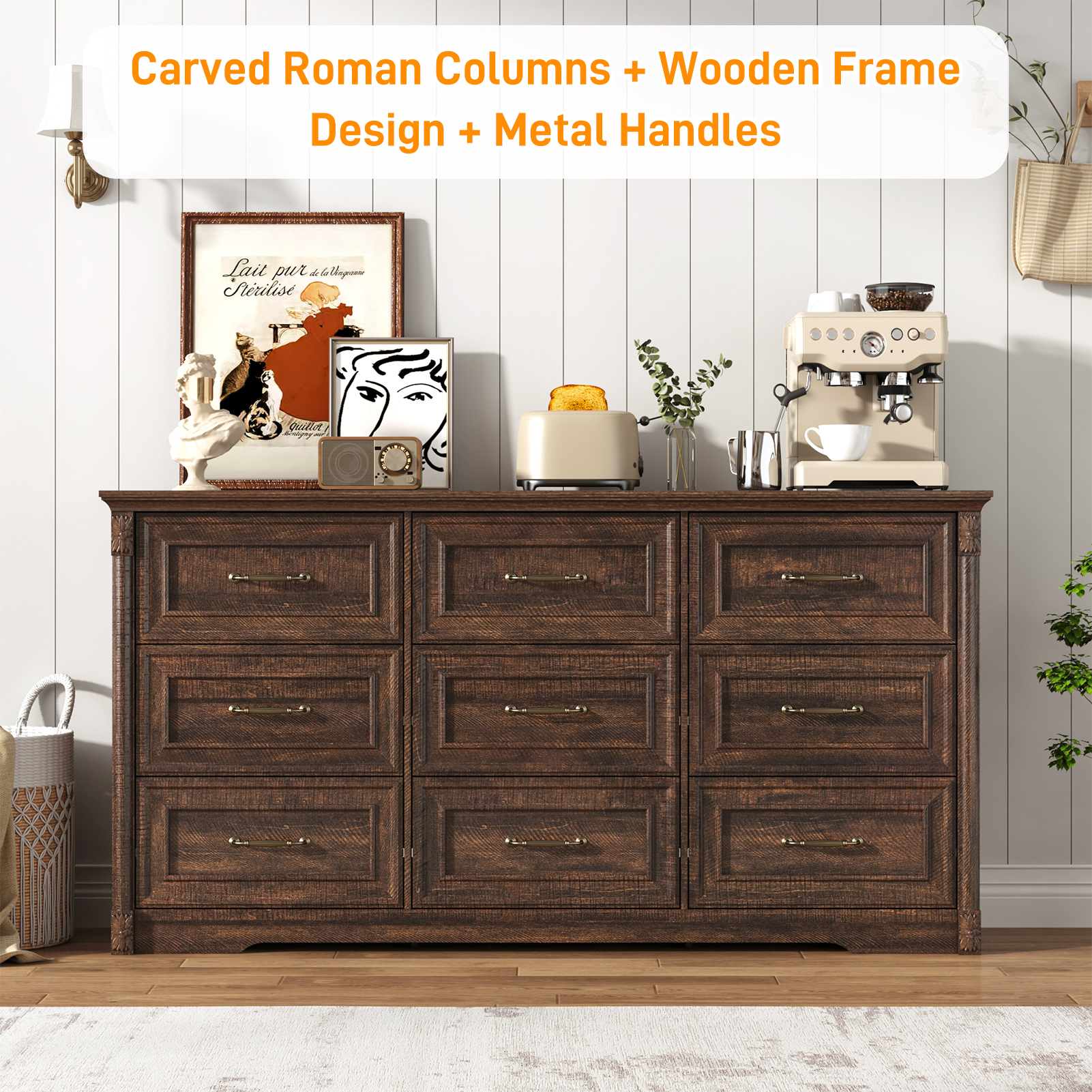 Blotout Farmhouse 9 Drawer Dresser for Bedroom, 63" Wide Wood Country Rustic Chest of Drawers with Roman Column & Bar Handles, Long Dresser for Bedroom, Living Room