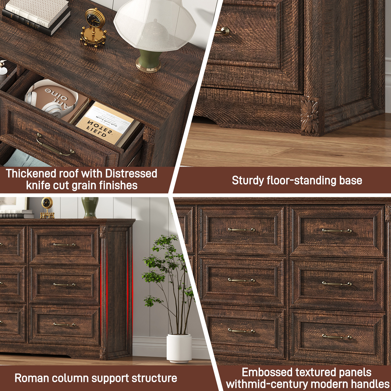 Blotout Farmhouse 9 Drawer Dresser for Bedroom, 63" Wide Wood Country Rustic Chest of Drawers with Roman Column & Bar Handles, Long Dresser for Bedroom, Living Room