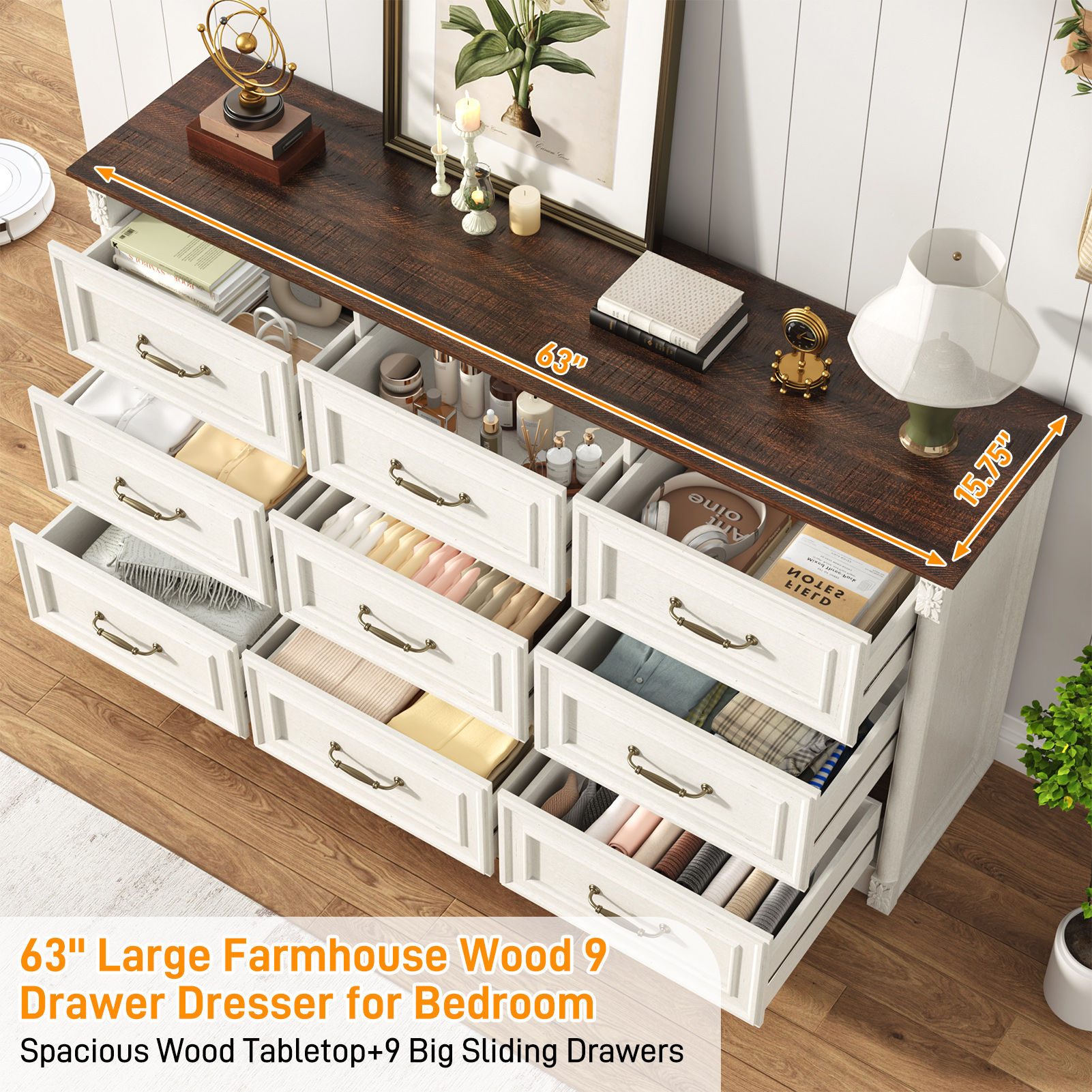 Blotout Farmhouse 9 Drawer Dresser for Bedroom, 63" Wide Wood Country Rustic Chest of Drawers with Roman Column & Bar Handles, Long Dresser for Bedroom, Living Room