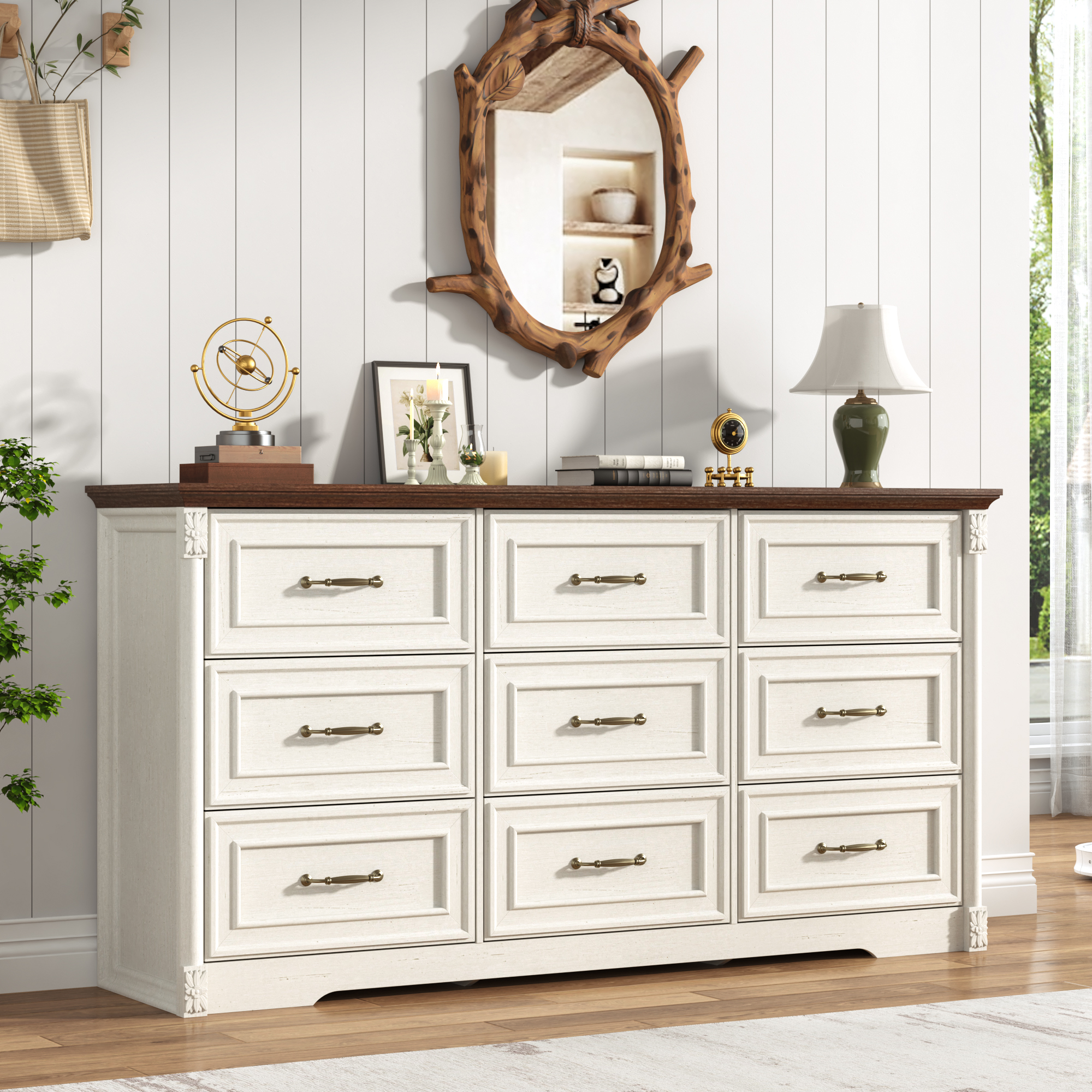 Blotout Farmhouse 9 Drawer Dresser for Bedroom, 63" Wide Wood Country Rustic Chest of Drawers with Roman Column & Bar Handles, Long Dresser for Bedroom, Living Room