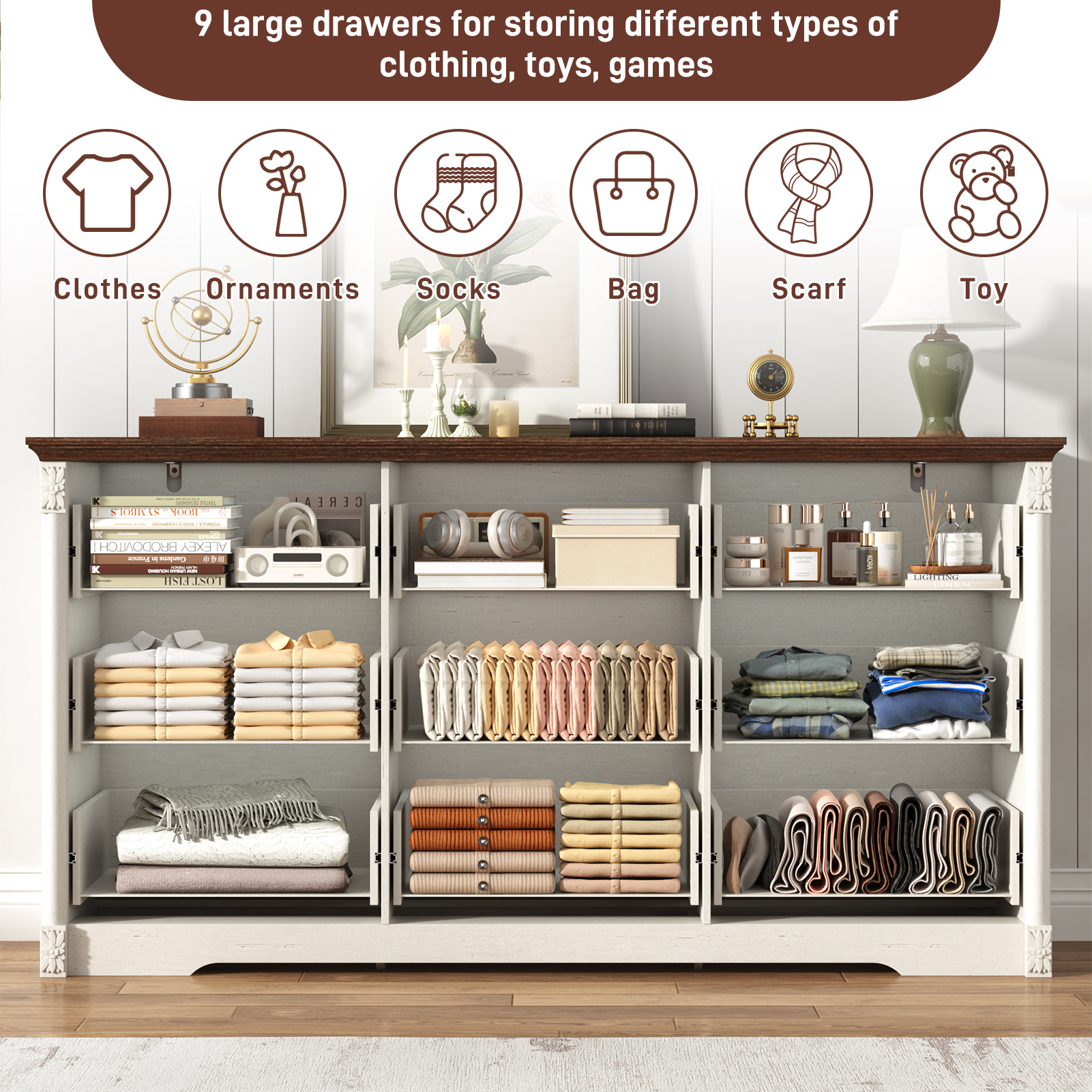 Blotout Farmhouse 9 Drawer Dresser for Bedroom, 63" Wide Wood Country Rustic Chest of Drawers with Roman Column & Bar Handles, Long Dresser for Bedroom, Living Room