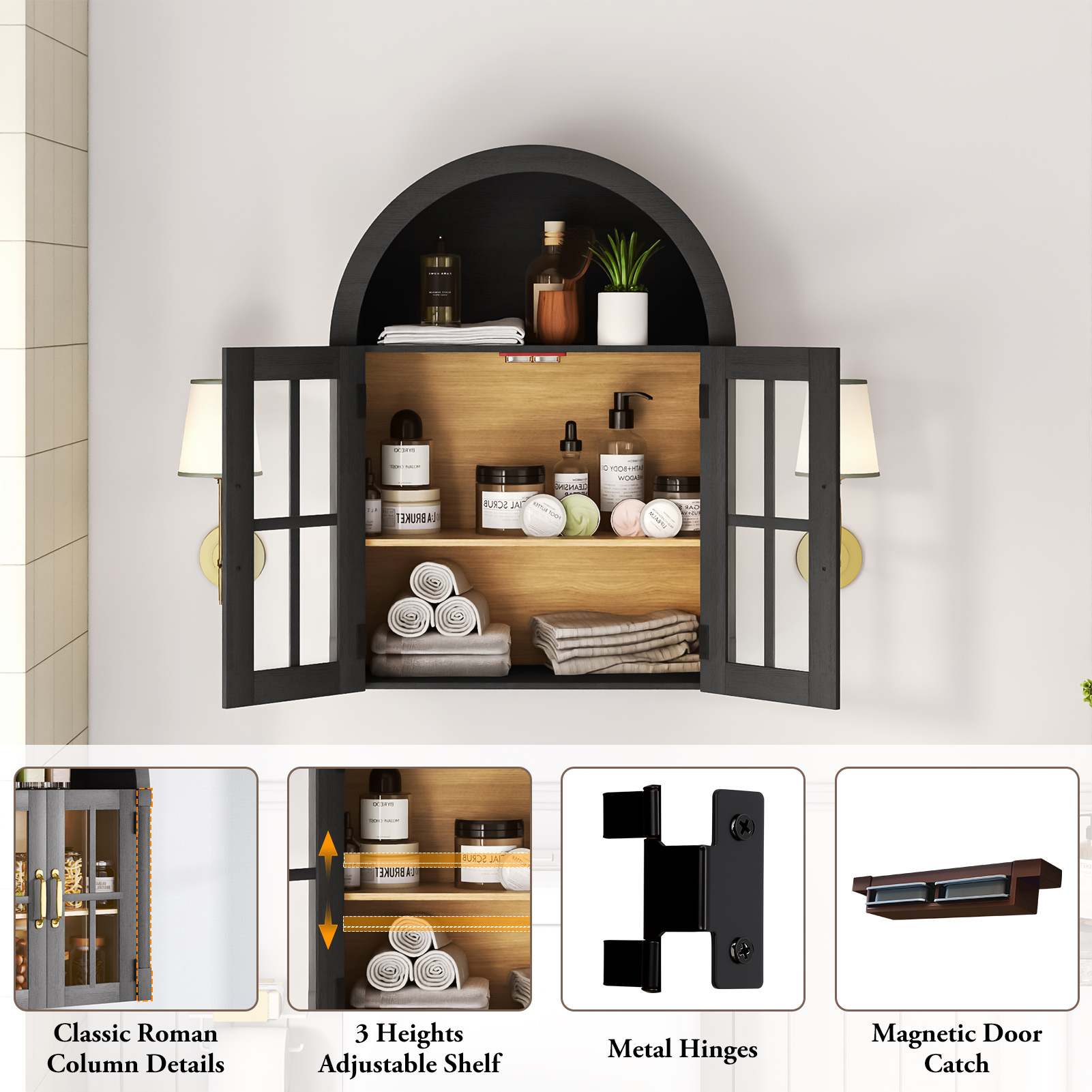Arched Wall Cabinet with Glass Door, 23.6'' Bathroom Over the Toilet Storage Cabinet with Adjustable Shelf, Space-Saving, Roman Column Design, Wall Mounted Cabinet for Laundry, Kitchen