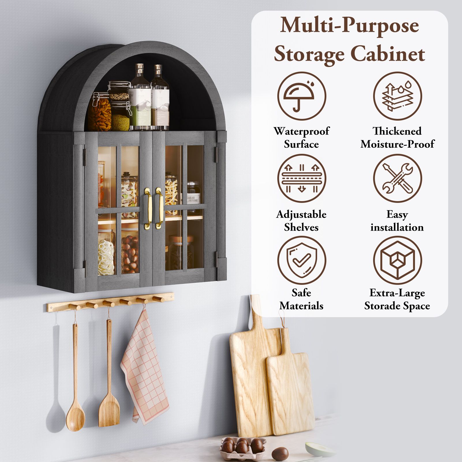 Arched Wall Cabinet with Glass Door, 23.6'' Bathroom Over the Toilet Storage Cabinet with Adjustable Shelf, Space-Saving, Roman Column Design, Wall Mounted Cabinet for Laundry, Kitchen