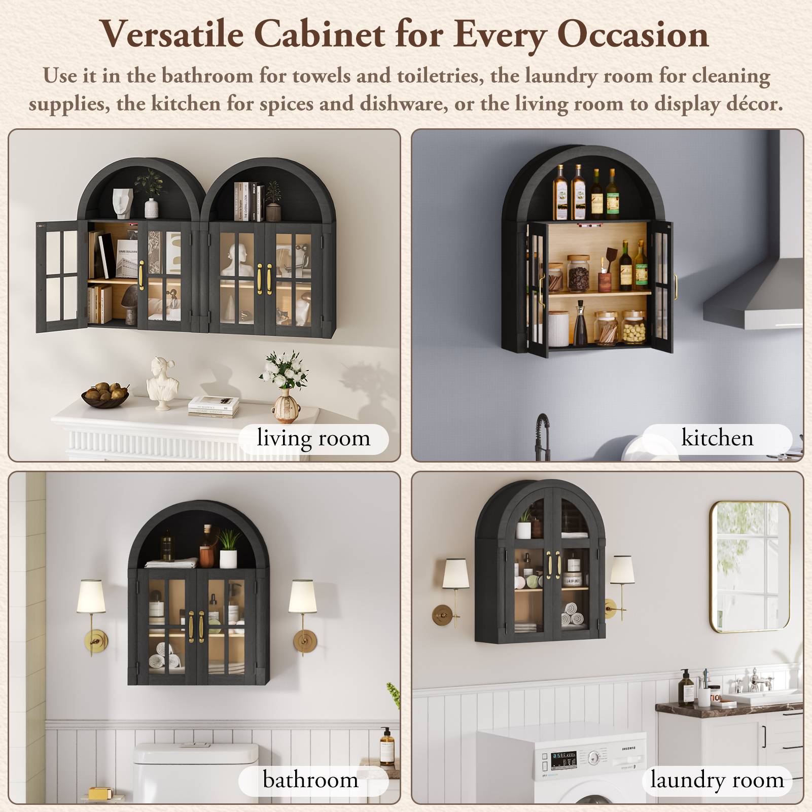 Arched Wall Cabinet with Glass Door, 23.6'' Bathroom Over the Toilet Storage Cabinet with Adjustable Shelf, Space-Saving, Roman Column Design, Wall Mounted Cabinet for Laundry, Kitchen