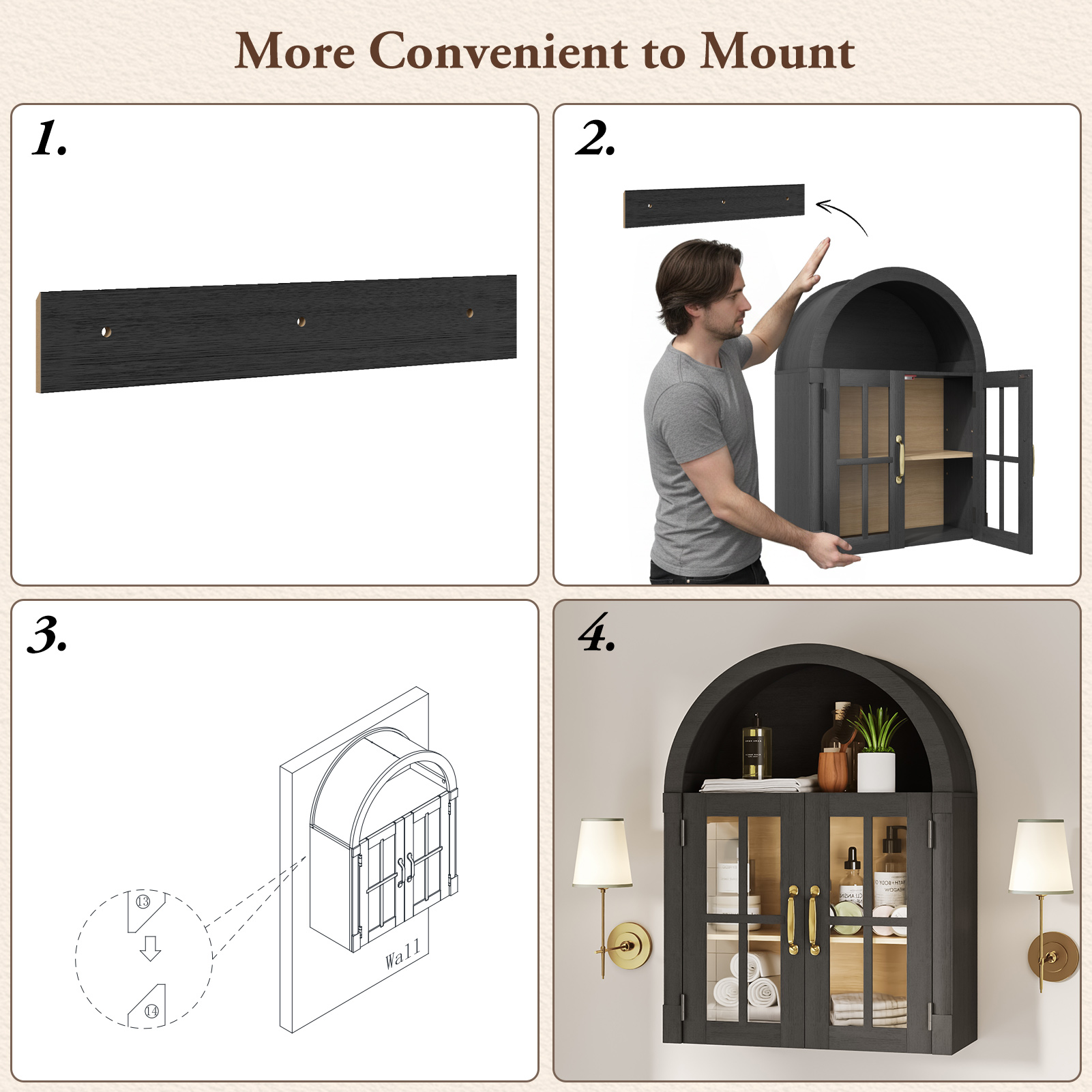 Arched Wall Cabinet with Glass Door, 23.6'' Bathroom Over the Toilet Storage Cabinet with Adjustable Shelf, Space-Saving, Roman Column Design, Wall Mounted Cabinet for Laundry, Kitchen