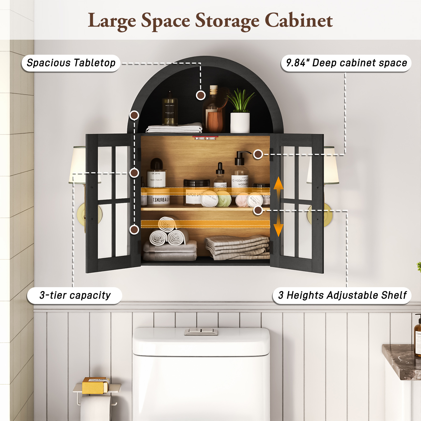 Arched Wall Cabinet with Glass Door, 23.6'' Bathroom Over the Toilet Storage Cabinet with Adjustable Shelf, Space-Saving, Roman Column Design, Wall Mounted Cabinet for Laundry, Kitchen