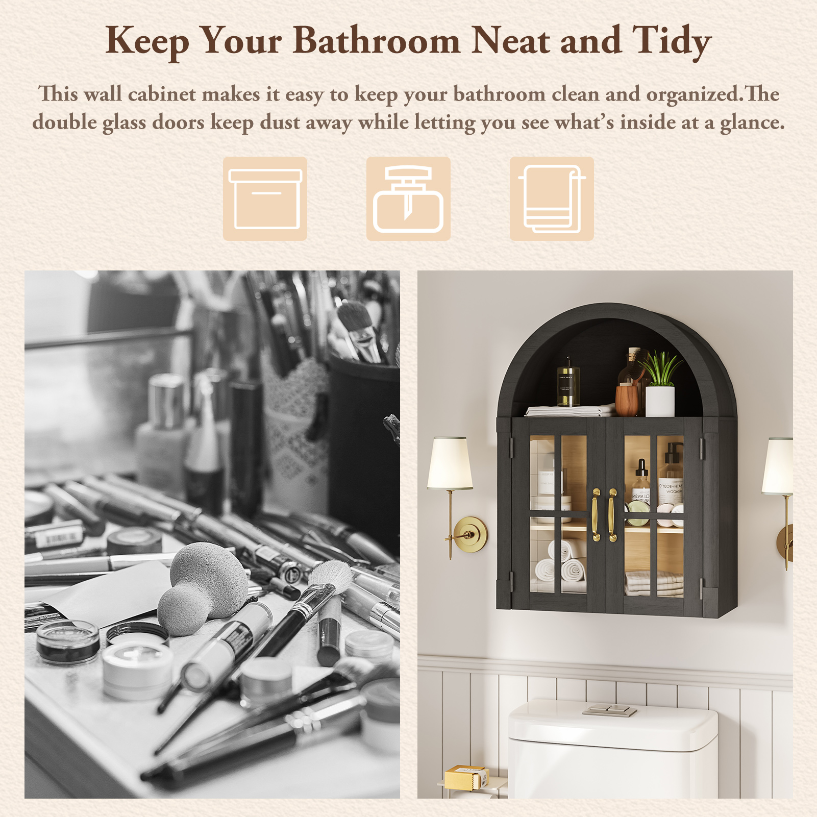 Arched Wall Cabinet with Glass Door, 23.6'' Bathroom Over the Toilet Storage Cabinet with Adjustable Shelf, Space-Saving, Roman Column Design, Wall Mounted Cabinet for Laundry, Kitchen