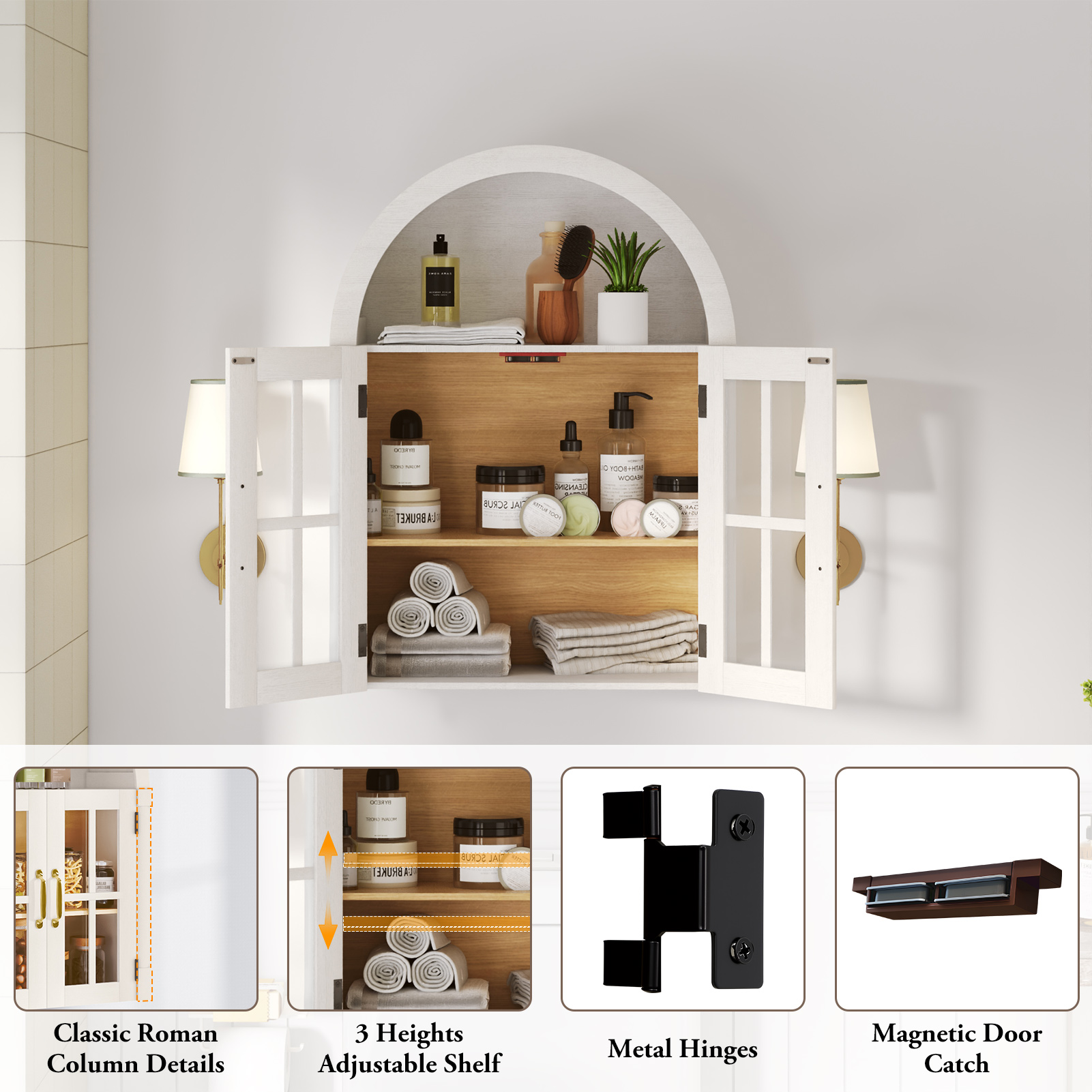 Arched Wall Cabinet with Glass Door, 23.6'' Bathroom Over the Toilet Storage Cabinet with Adjustable Shelf, Space-Saving, Roman Column Design, Wall Mounted Cabinet for Laundry, Kitchen
