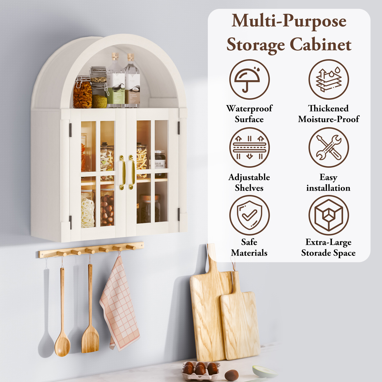 Arched Wall Cabinet with Glass Door, 23.6'' Bathroom Over the Toilet Storage Cabinet with Adjustable Shelf, Space-Saving, Roman Column Design, Wall Mounted Cabinet for Laundry, Kitchen