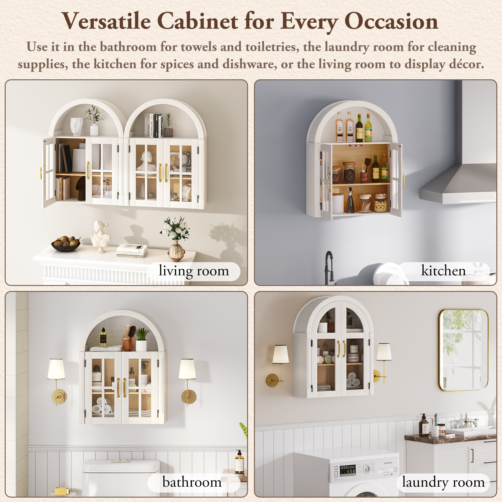 Arched Wall Cabinet with Glass Door, 23.6'' Bathroom Over the Toilet Storage Cabinet with Adjustable Shelf, Space-Saving, Roman Column Design, Wall Mounted Cabinet for Laundry, Kitchen