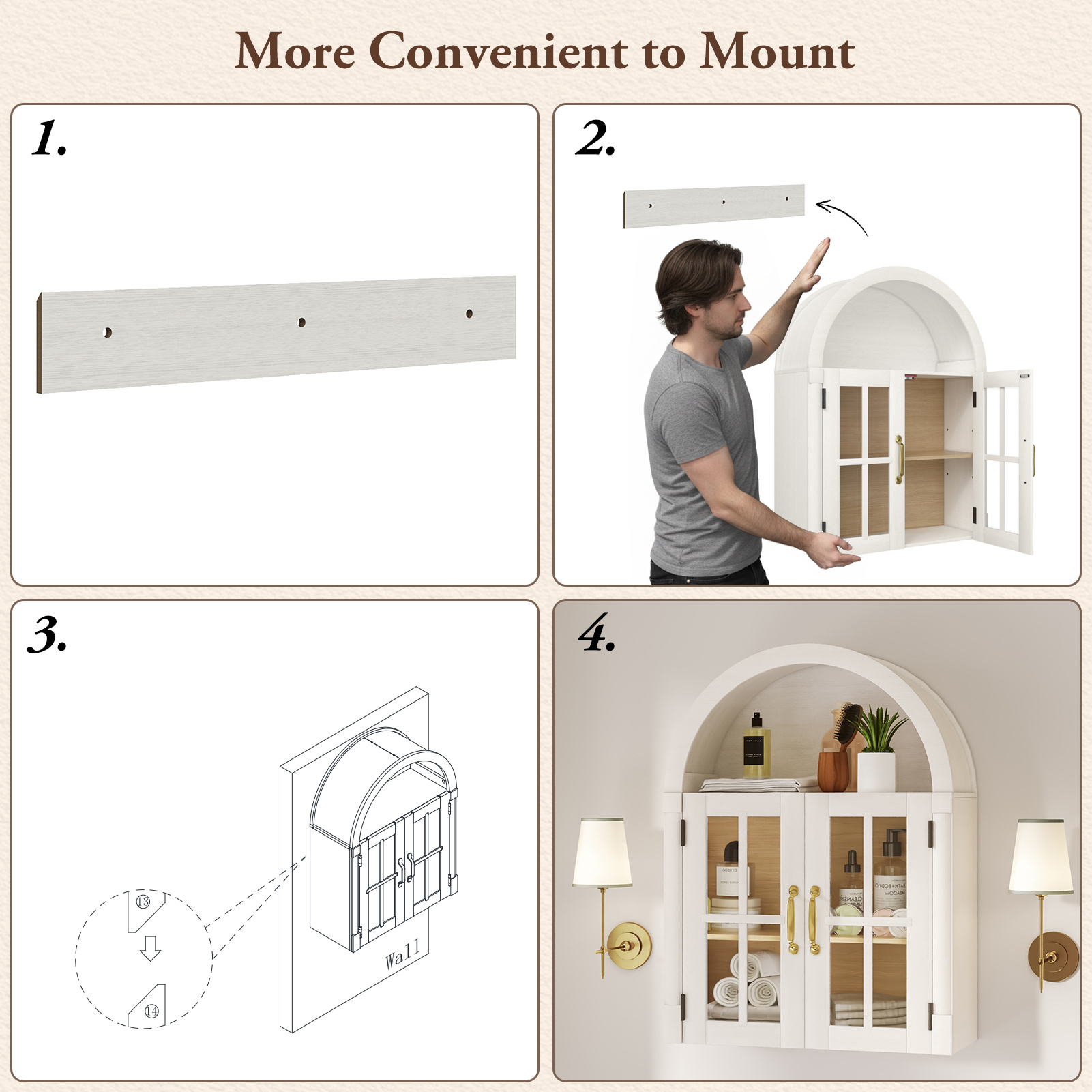 Arched Wall Cabinet with Glass Door, 23.6'' Bathroom Over the Toilet Storage Cabinet with Adjustable Shelf, Space-Saving, Roman Column Design, Wall Mounted Cabinet for Laundry, Kitchen