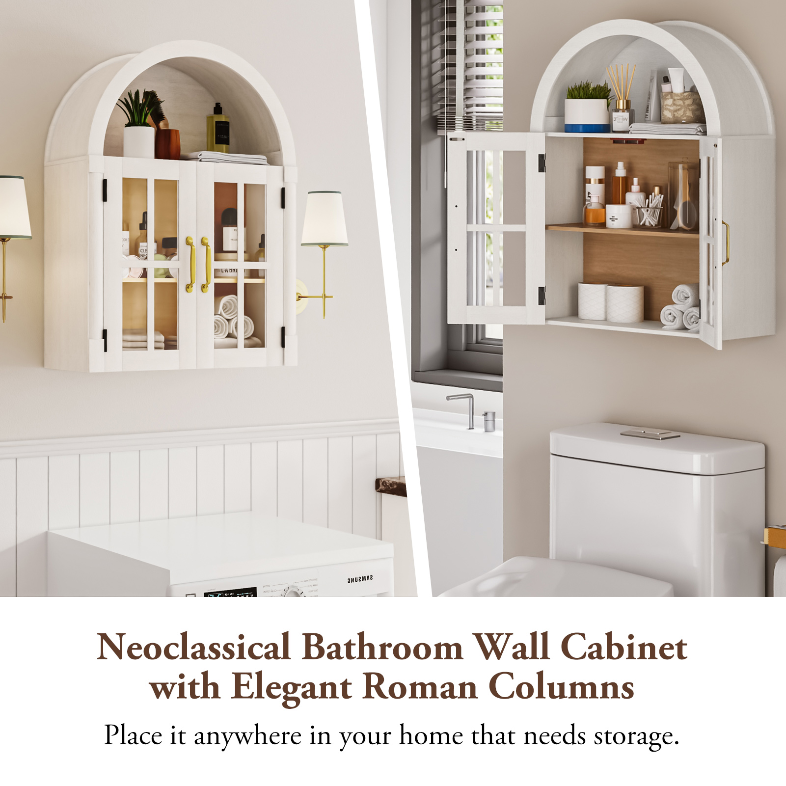 Arched Wall Cabinet with Glass Door, 23.6'' Bathroom Over the Toilet Storage Cabinet with Adjustable Shelf, Space-Saving, Roman Column Design, Wall Mounted Cabinet for Laundry, Kitchen