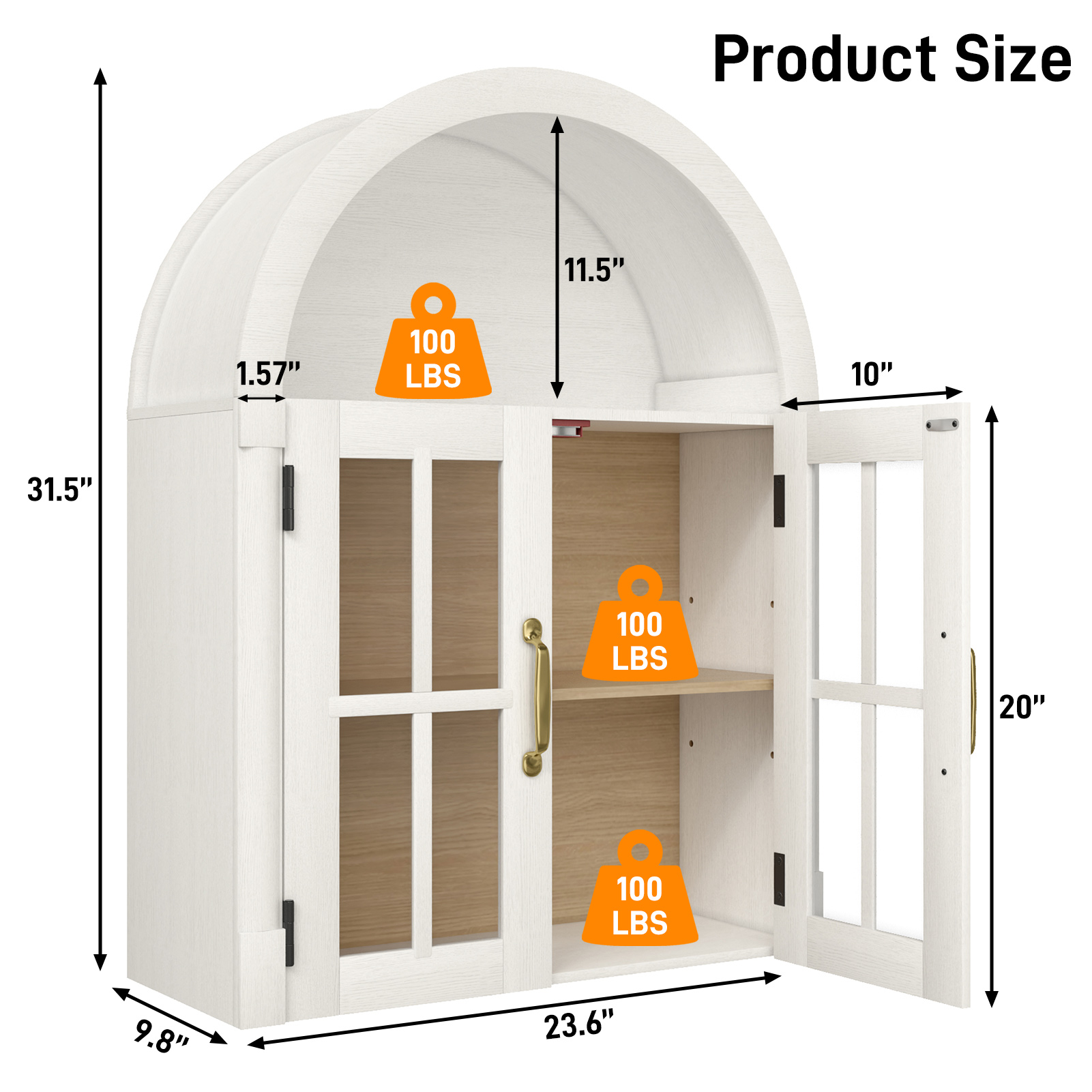 Arched Wall Cabinet with Glass Door, 23.6'' Bathroom Over the Toilet Storage Cabinet with Adjustable Shelf, Space-Saving, Roman Column Design, Wall Mounted Cabinet for Laundry, Kitchen
