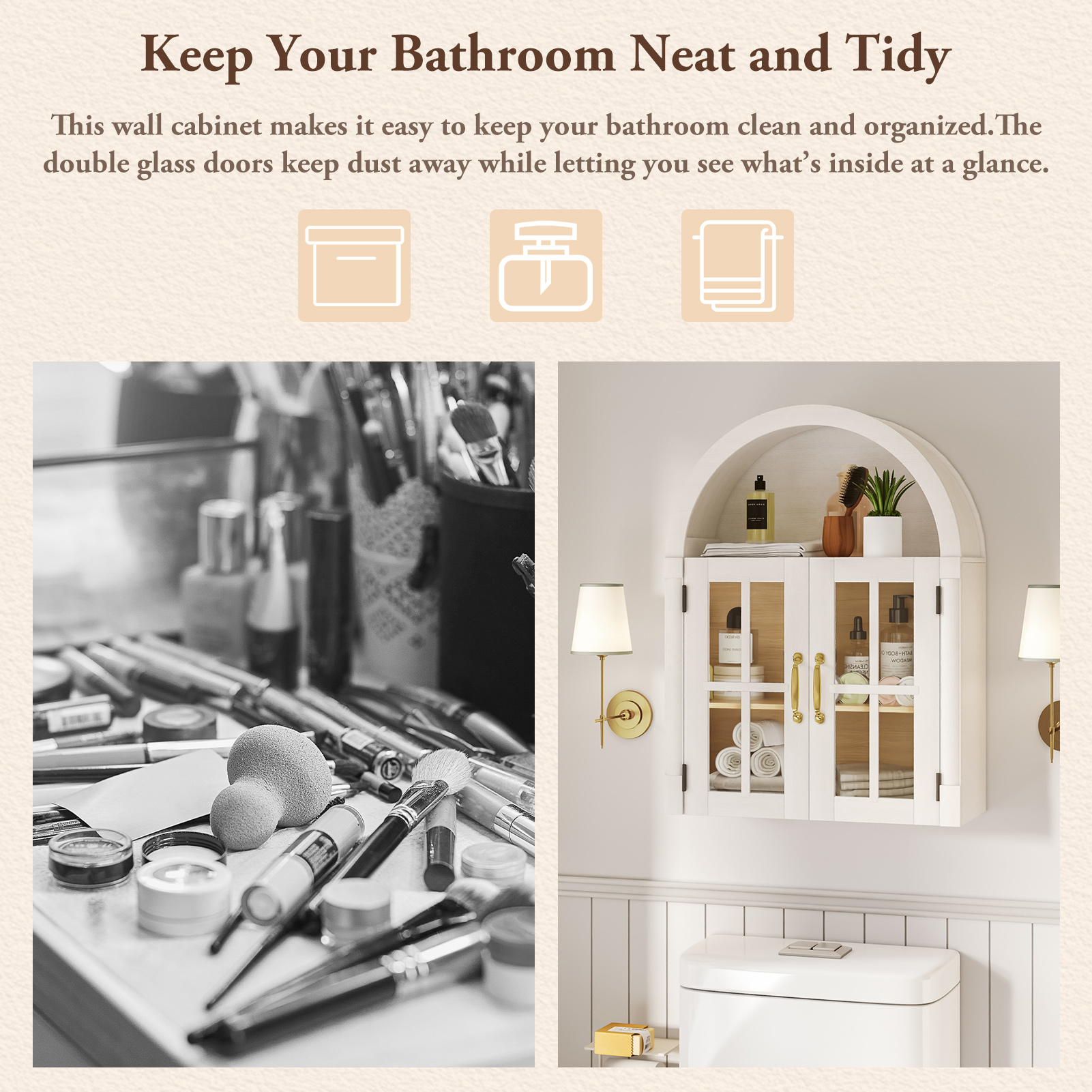 Arched Wall Cabinet with Glass Door, 23.6'' Bathroom Over the Toilet Storage Cabinet with Adjustable Shelf, Space-Saving, Roman Column Design, Wall Mounted Cabinet for Laundry, Kitchen