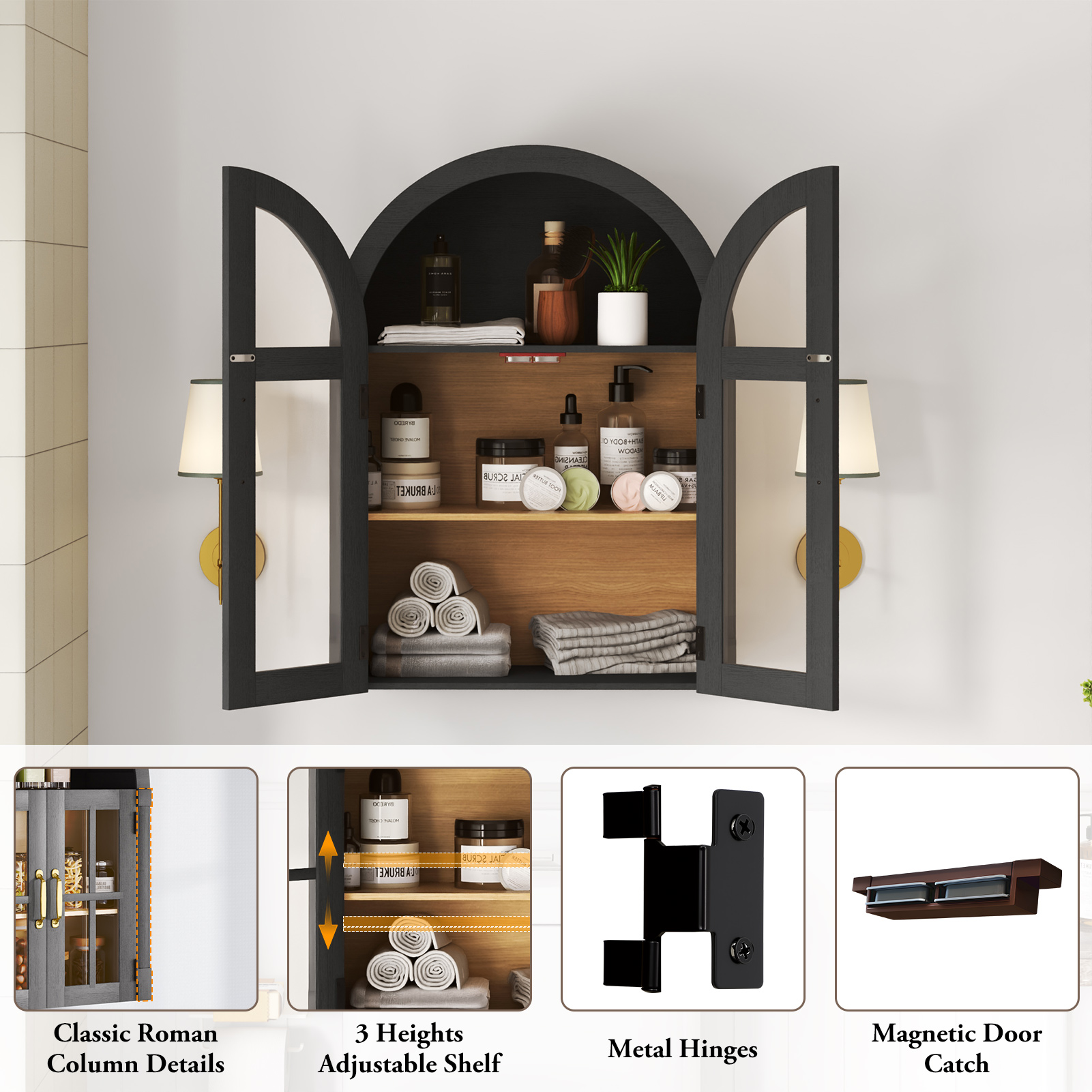 Arched Wall Cabinet with Glass Door, 23.6'' Bathroom Over the Toilet Storage Cabinet with Adjustable Shelf, Space-Saving, Roman Column Design, Wall Mounted Cabinet for Laundry, Kitchen