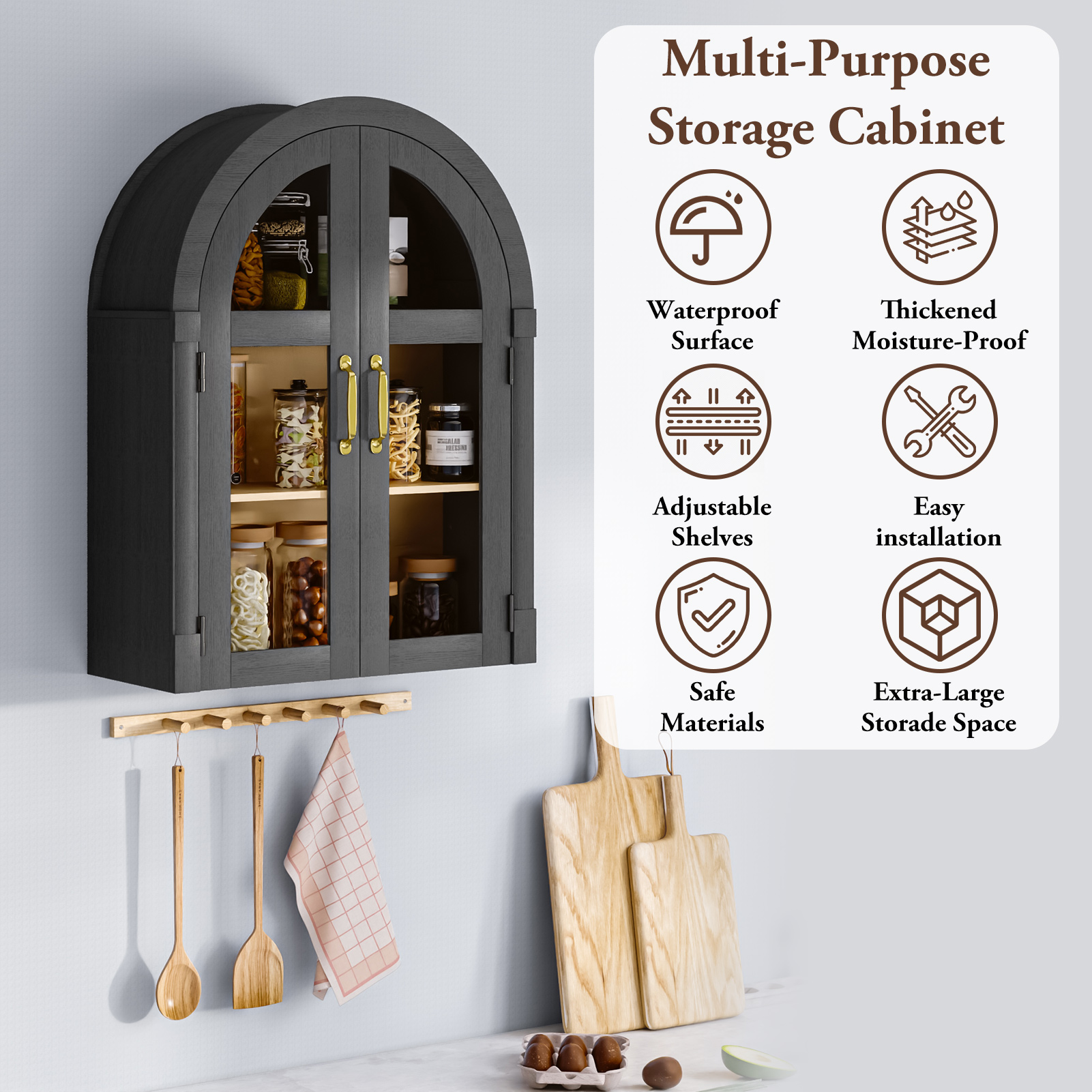 Arched Wall Cabinet with Glass Door, 23.6'' Bathroom Over the Toilet Storage Cabinet with Adjustable Shelf, Space-Saving, Roman Column Design, Wall Mounted Cabinet for Laundry, Kitchen