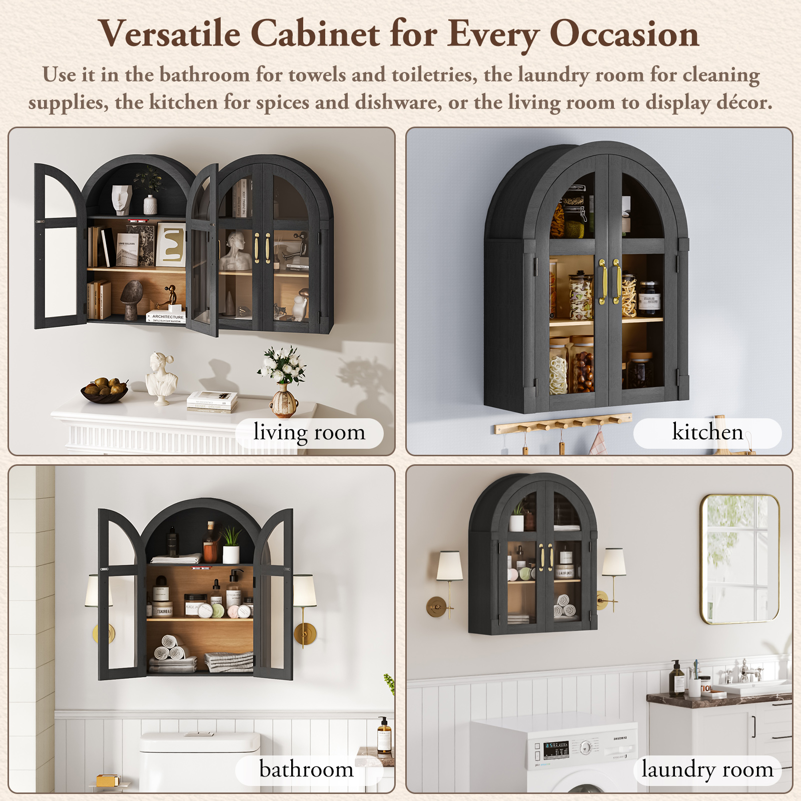 Arched Wall Cabinet with Glass Door, 23.6'' Bathroom Over the Toilet Storage Cabinet with Adjustable Shelf, Space-Saving, Roman Column Design, Wall Mounted Cabinet for Laundry, Kitchen