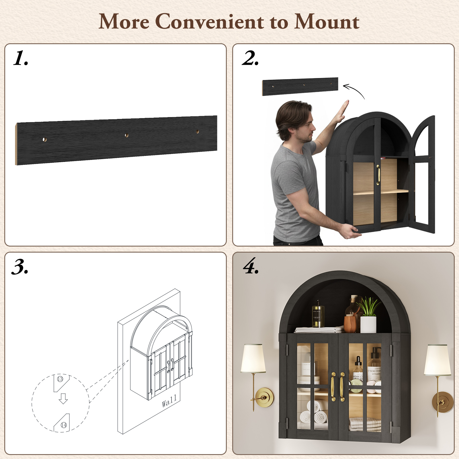 Arched Wall Cabinet with Glass Door, 23.6'' Bathroom Over the Toilet Storage Cabinet with Adjustable Shelf, Space-Saving, Roman Column Design, Wall Mounted Cabinet for Laundry, Kitchen