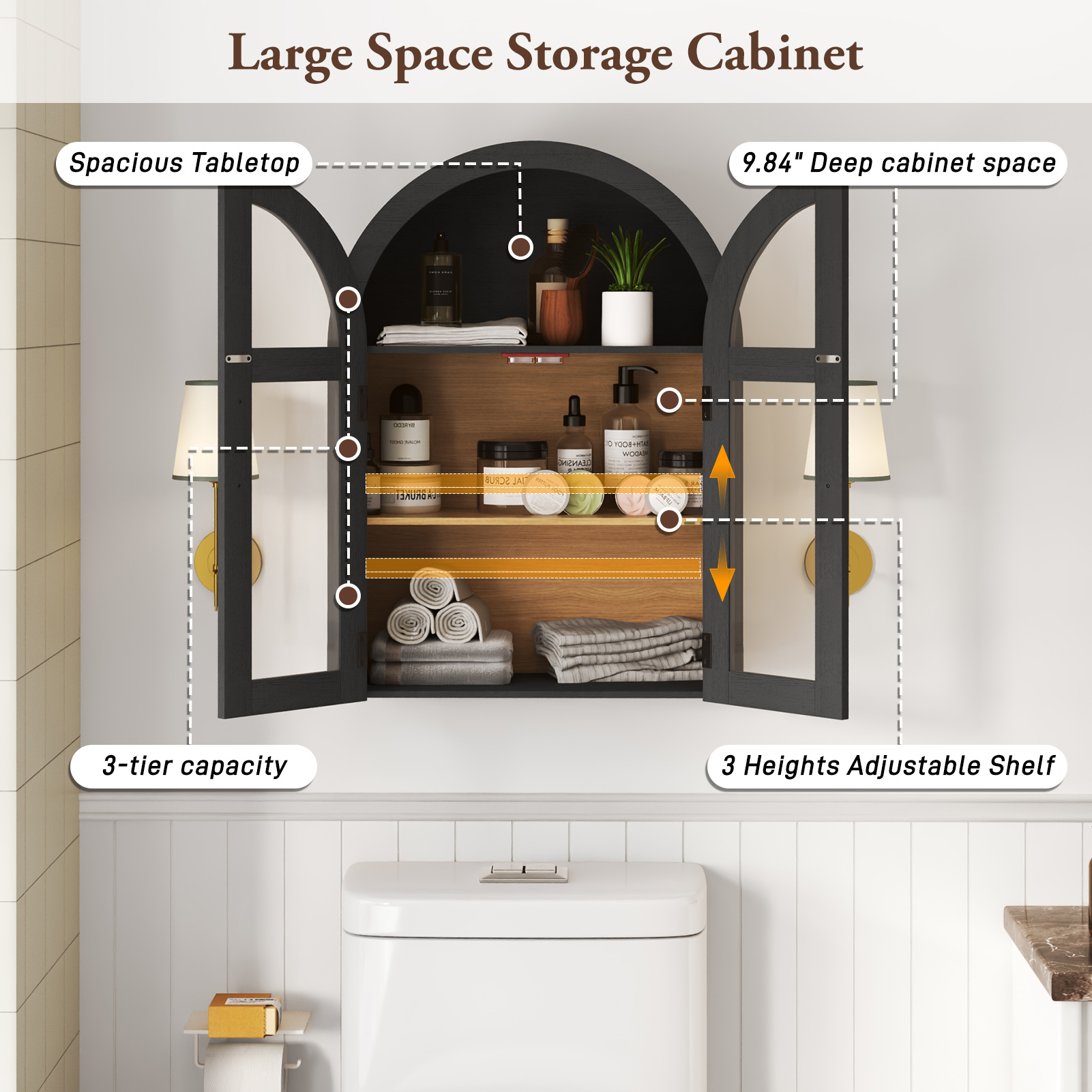 Arched Wall Cabinet with Glass Door, 23.6'' Bathroom Over the Toilet Storage Cabinet with Adjustable Shelf, Space-Saving, Roman Column Design, Wall Mounted Cabinet for Laundry, Kitchen