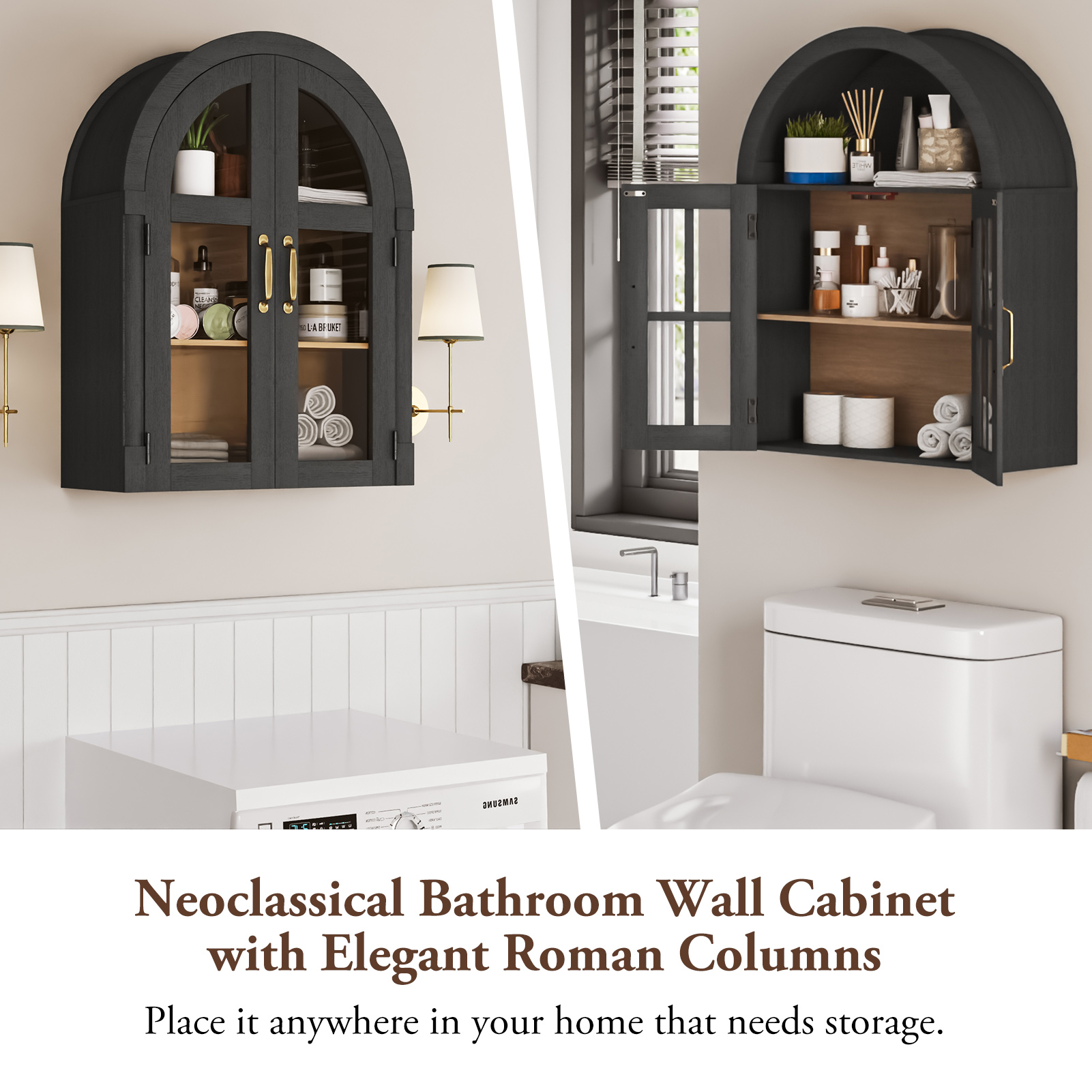 Arched Wall Cabinet with Glass Door, 23.6'' Bathroom Over the Toilet Storage Cabinet with Adjustable Shelf, Space-Saving, Roman Column Design, Wall Mounted Cabinet for Laundry, Kitchen
