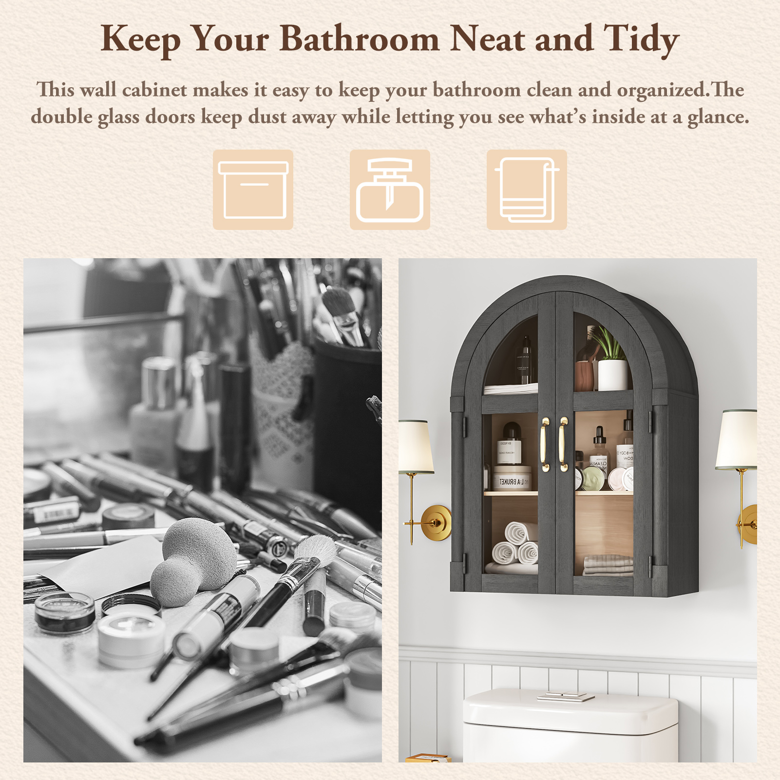 Arched Wall Cabinet with Glass Door, 23.6'' Bathroom Over the Toilet Storage Cabinet with Adjustable Shelf, Space-Saving, Roman Column Design, Wall Mounted Cabinet for Laundry, Kitchen