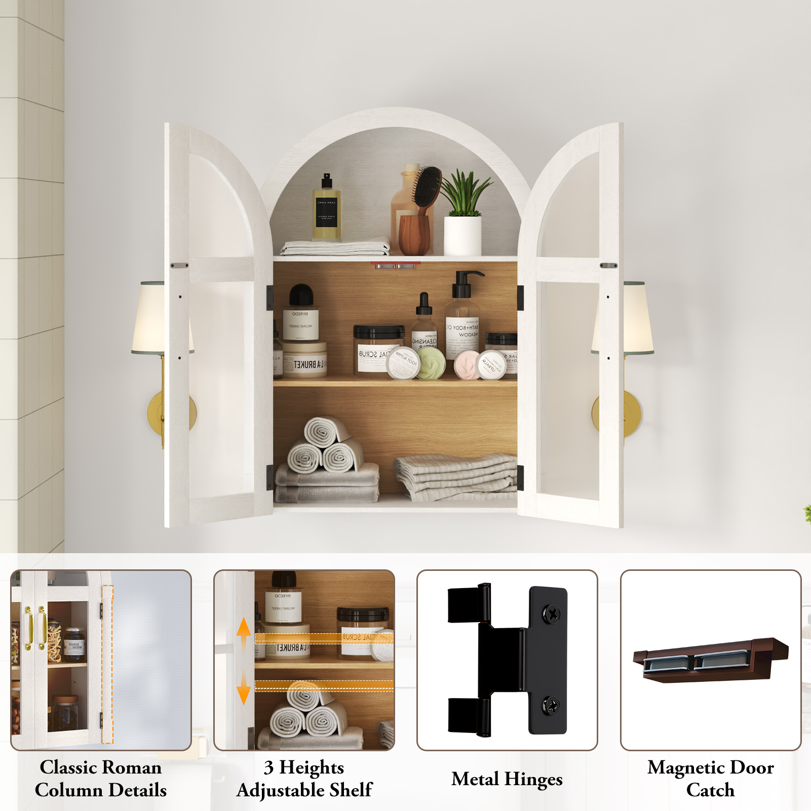 Arched Wall Cabinet with Glass Door, 23.6'' Bathroom Over the Toilet Storage Cabinet with Adjustable Shelf, Space-Saving, Roman Column Design, Wall Mounted Cabinet for Laundry, Kitchen