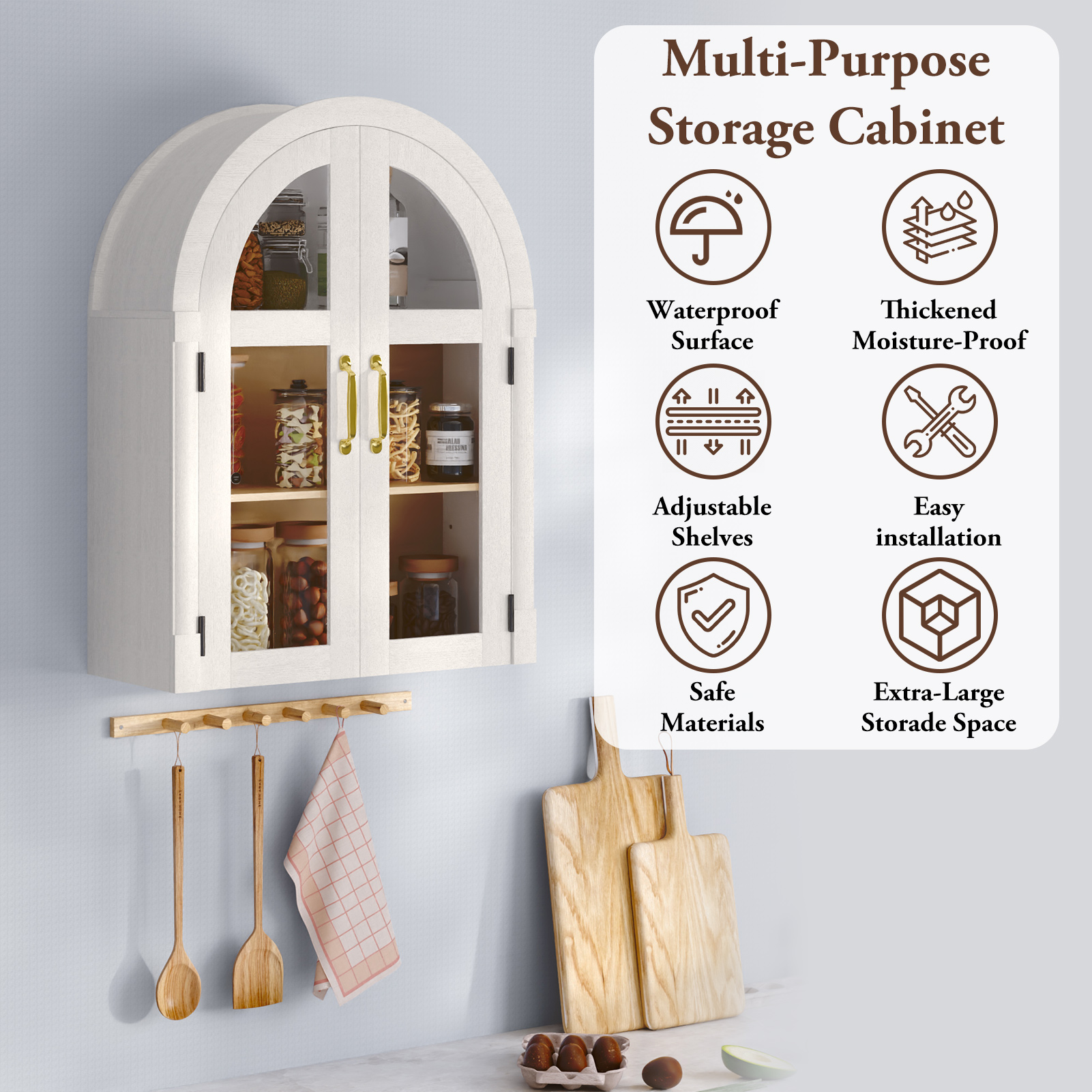 Arched Wall Cabinet with Glass Door, 23.6'' Bathroom Over the Toilet Storage Cabinet with Adjustable Shelf, Space-Saving, Roman Column Design, Wall Mounted Cabinet for Laundry, Kitchen