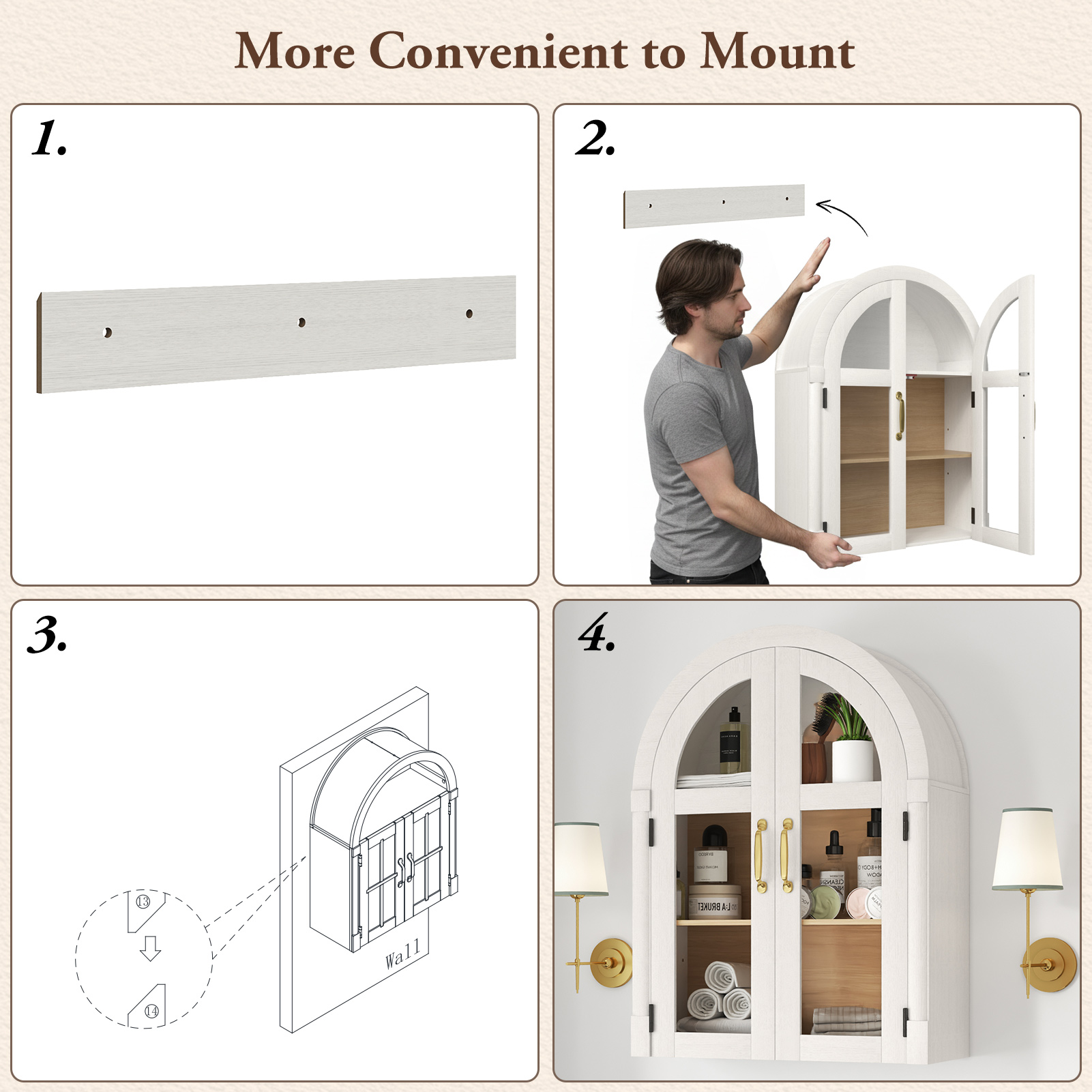 Arched Wall Cabinet with Glass Door, 23.6'' Bathroom Over the Toilet Storage Cabinet with Adjustable Shelf, Space-Saving, Roman Column Design, Wall Mounted Cabinet for Laundry, Kitchen