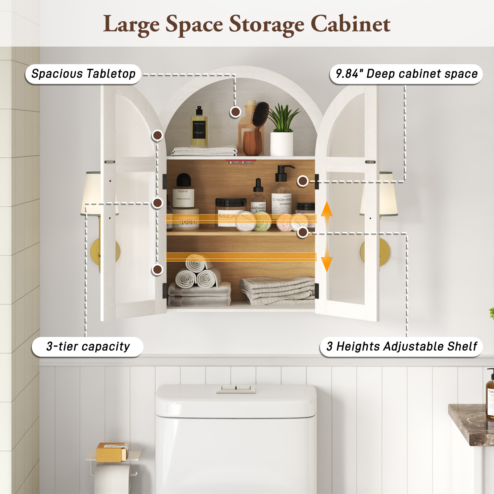 Arched Wall Cabinet with Glass Door, 23.6'' Bathroom Over the Toilet Storage Cabinet with Adjustable Shelf, Space-Saving, Roman Column Design, Wall Mounted Cabinet for Laundry, Kitchen