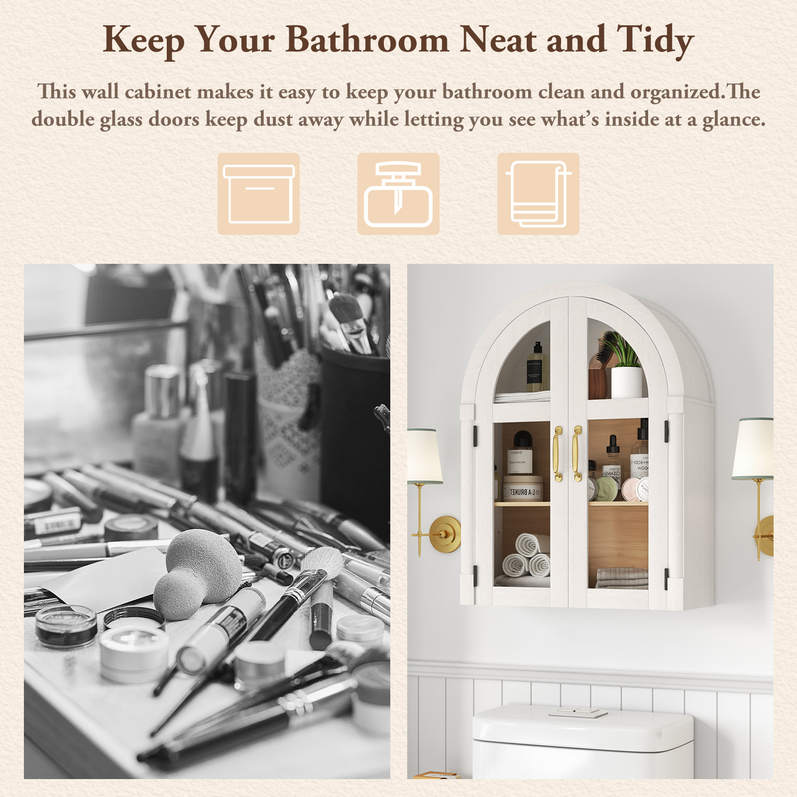 Arched Wall Cabinet with Glass Door, 23.6'' Bathroom Over the Toilet Storage Cabinet with Adjustable Shelf, Space-Saving, Roman Column Design, Wall Mounted Cabinet for Laundry, Kitchen