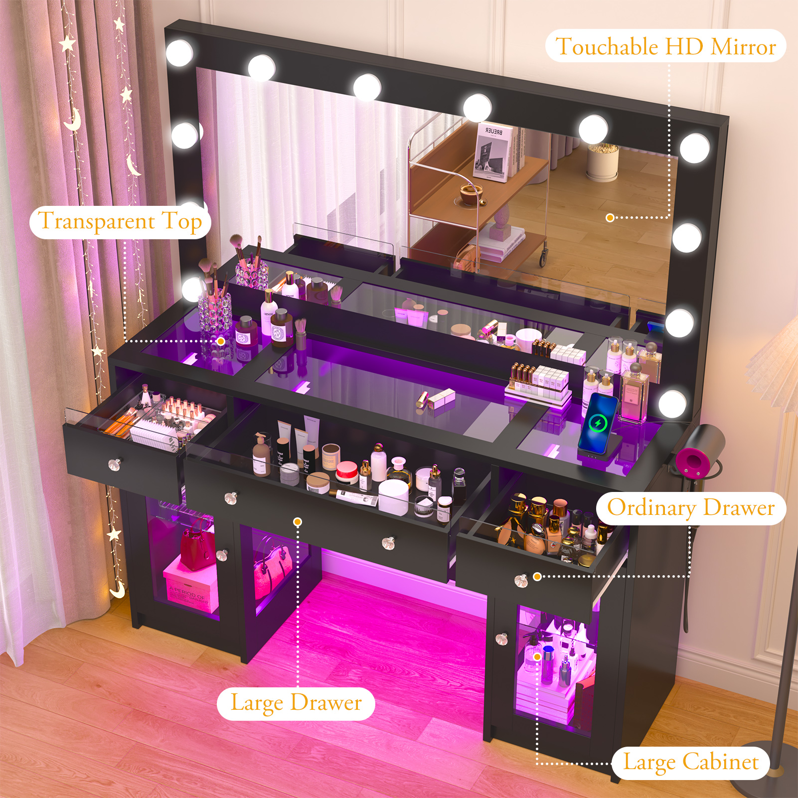 Blotout 47" Makeup Vanity Desk with Mirror and Lights, Vanity Desk with 6000-Colors Lighting & Power Outlet, Glass Top with 3 RGB Drawers, 2 Large RGB Cabinets for Women Girls Bedroom