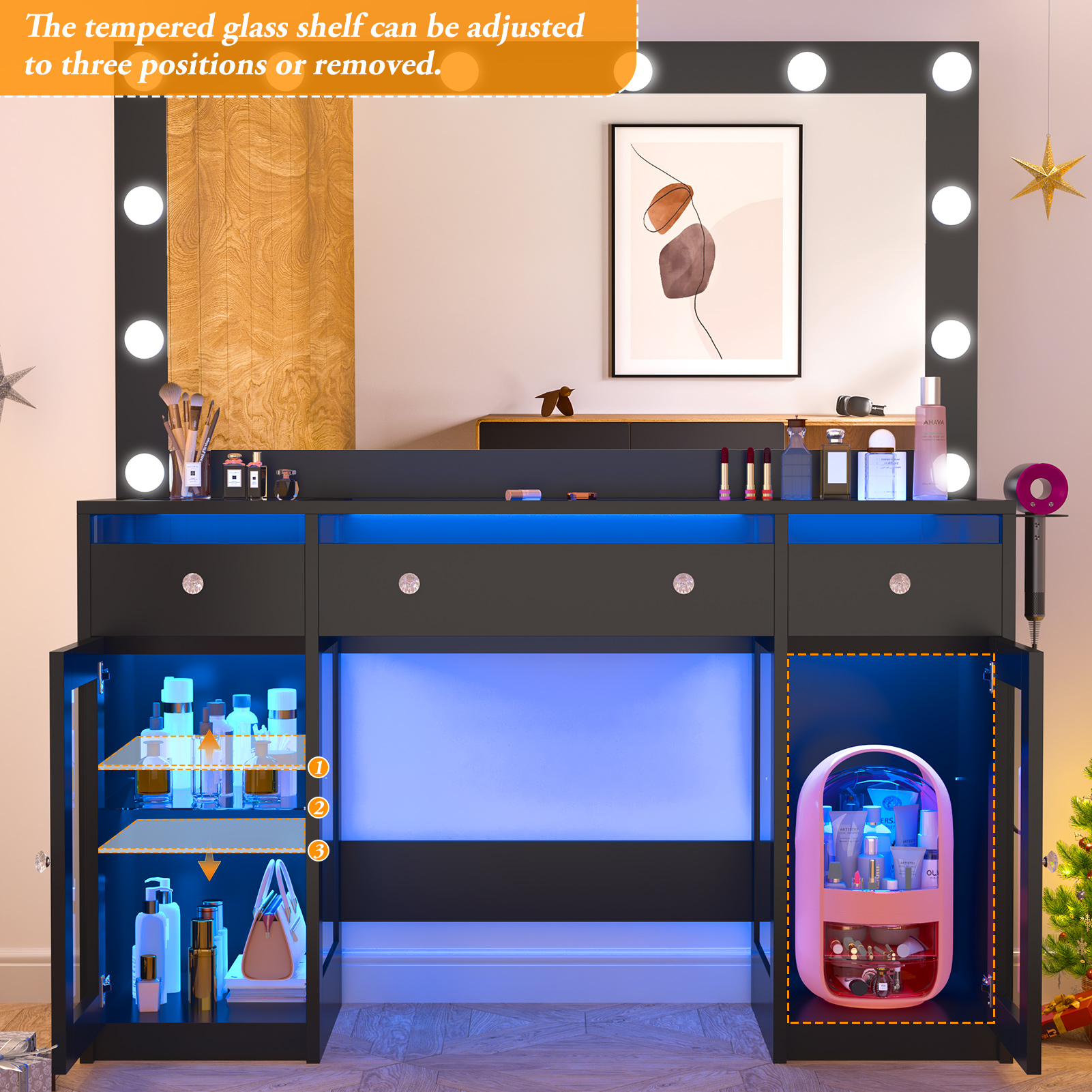 Blotout 47" Makeup Vanity Desk with Mirror and Lights, Vanity Desk with 6000-Colors Lighting & Power Outlet, Glass Top with 3 RGB Drawers, 2 Large RGB Cabinets for Women Girls Bedroom