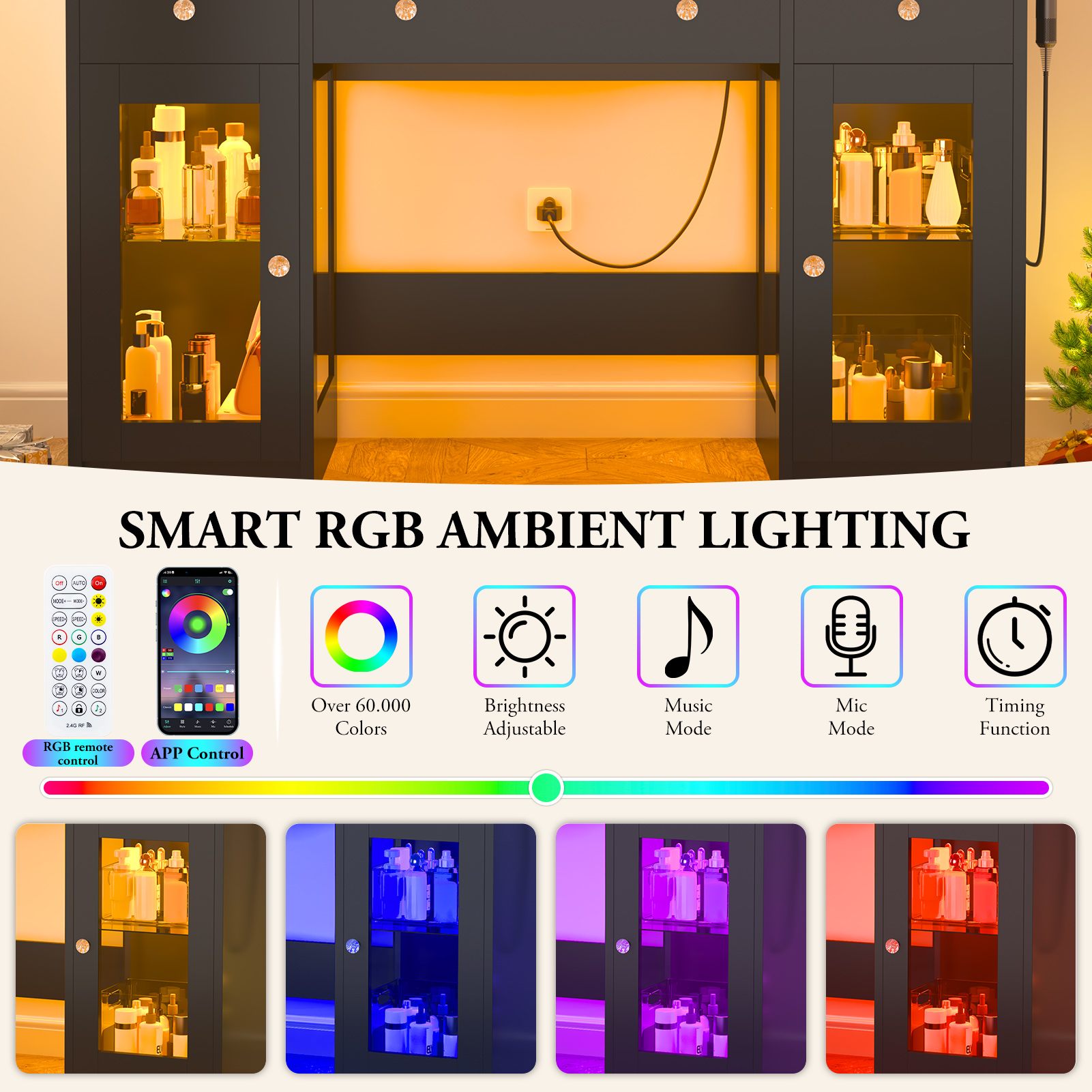 Blotout 47" Makeup Vanity Desk with Mirror and Lights, Vanity Desk with 6000-Colors Lighting & Power Outlet, Glass Top with 3 RGB Drawers, 2 Large RGB Cabinets for Women Girls Bedroom