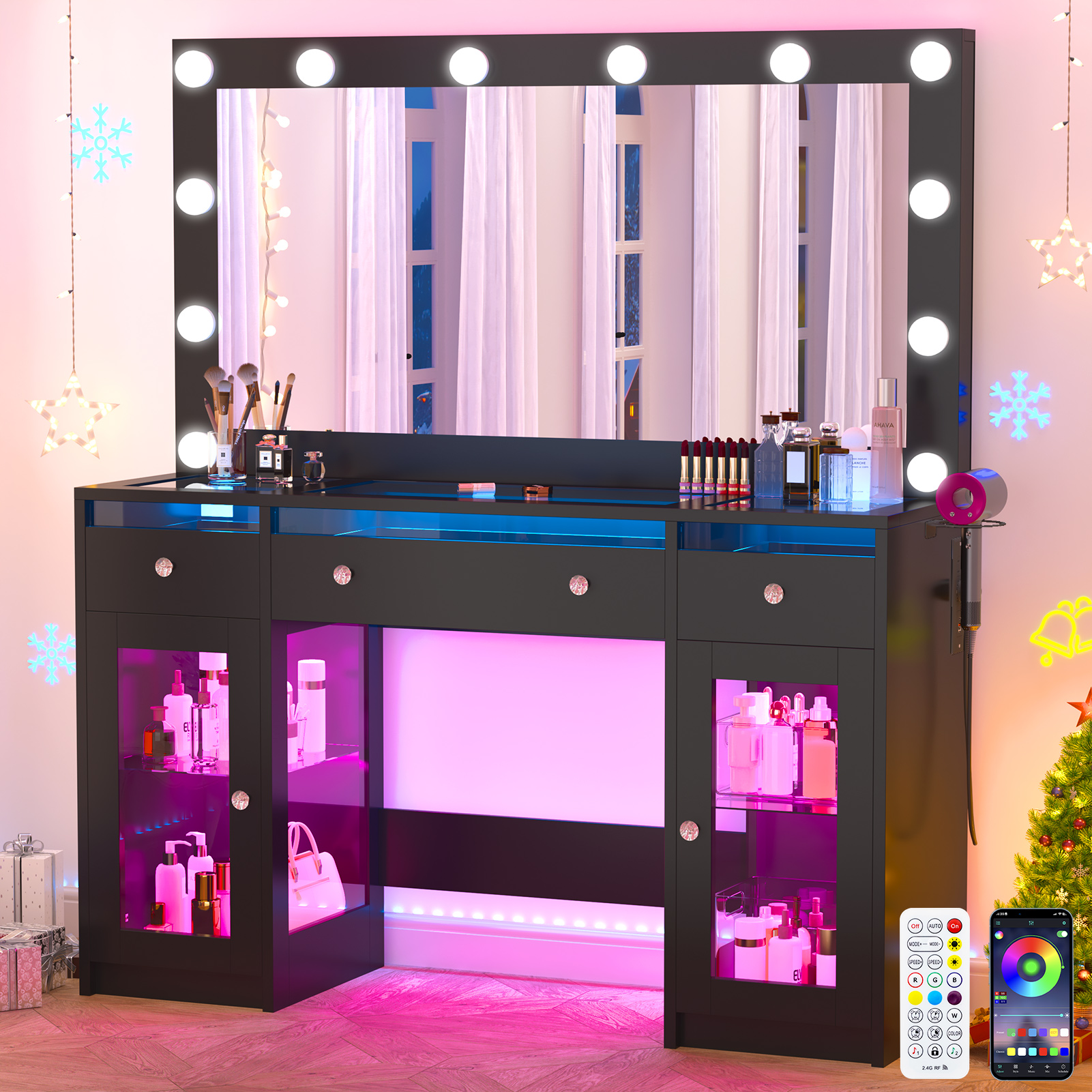 Blotout 47" Makeup Vanity Desk with Mirror and Lights, Vanity Desk with 6000-Colors Lighting & Power Outlet, Glass Top with 3 RGB Drawers, 2 Large RGB Cabinets for Women Girls Bedroom