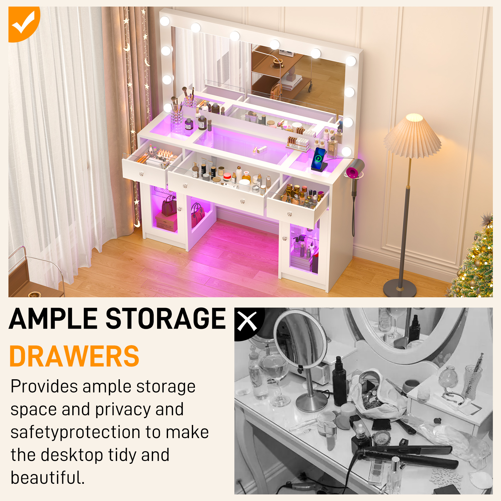 Blotout 47" Makeup Vanity Desk with Mirror and Lights, Vanity Desk with 6000-Colors Lighting & Power Outlet, Glass Top with 3 RGB Drawers, 2 Large RGB Cabinets for Women Girls Bedroom