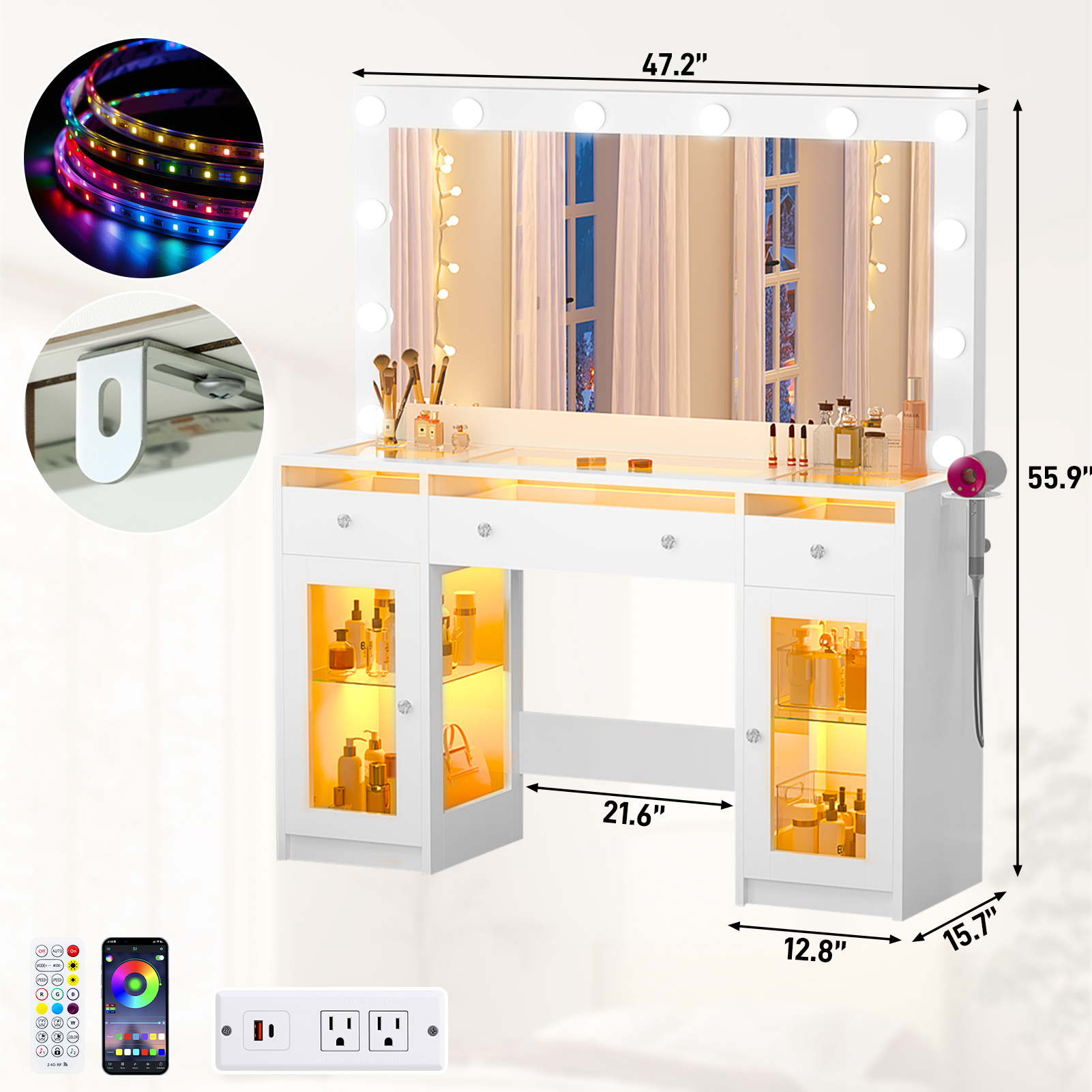 Blotout 47" Makeup Vanity Desk with Mirror and Lights, Vanity Desk with 6000-Colors Lighting & Power Outlet, Glass Top with 3 RGB Drawers, 2 Large RGB Cabinets for Women Girls Bedroom