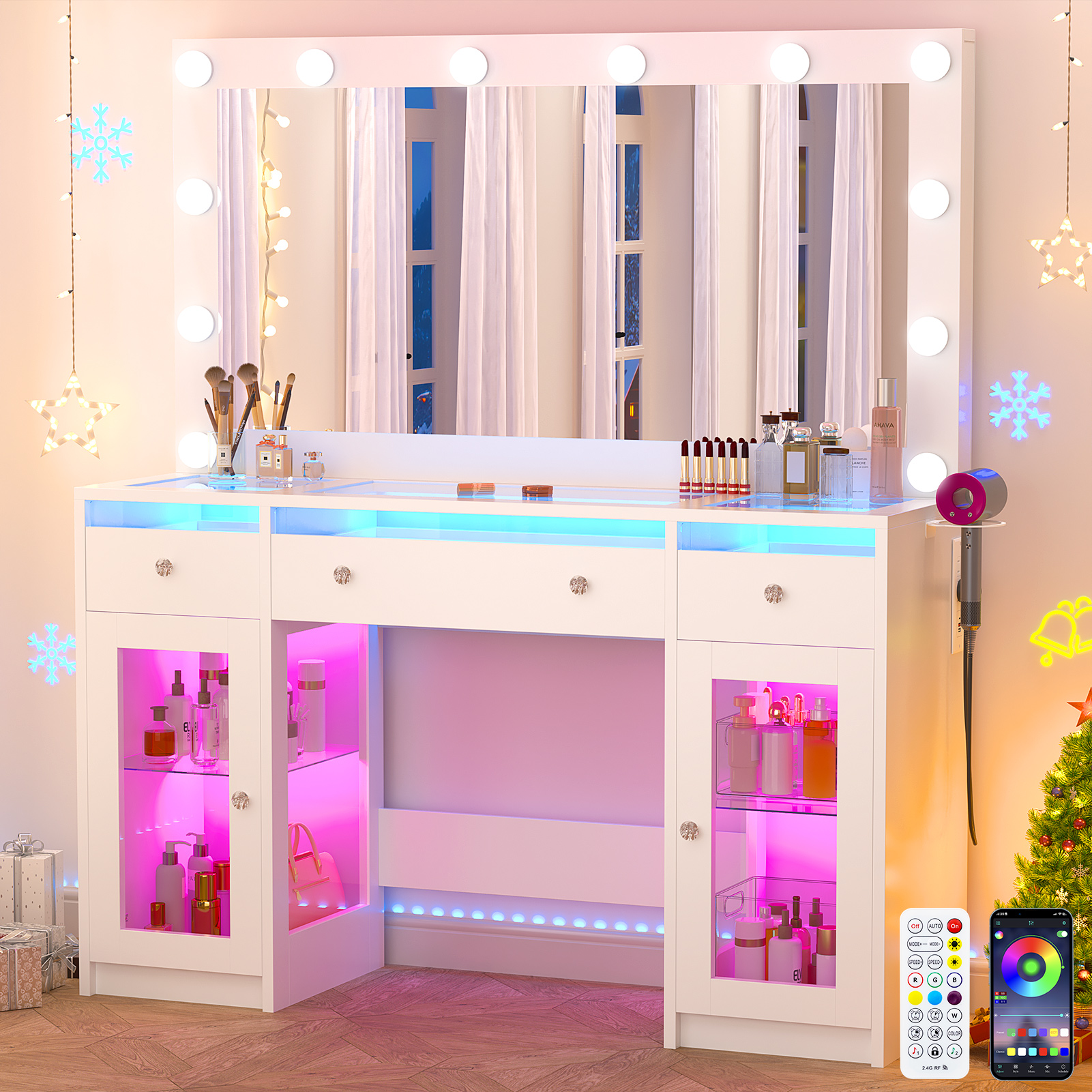 Blotout 47" Makeup Vanity Desk with Mirror and Lights, Vanity Desk with 6000-Colors Lighting & Power Outlet, Glass Top with 3 RGB Drawers, 2 Large RGB Cabinets for Women Girls Bedroom