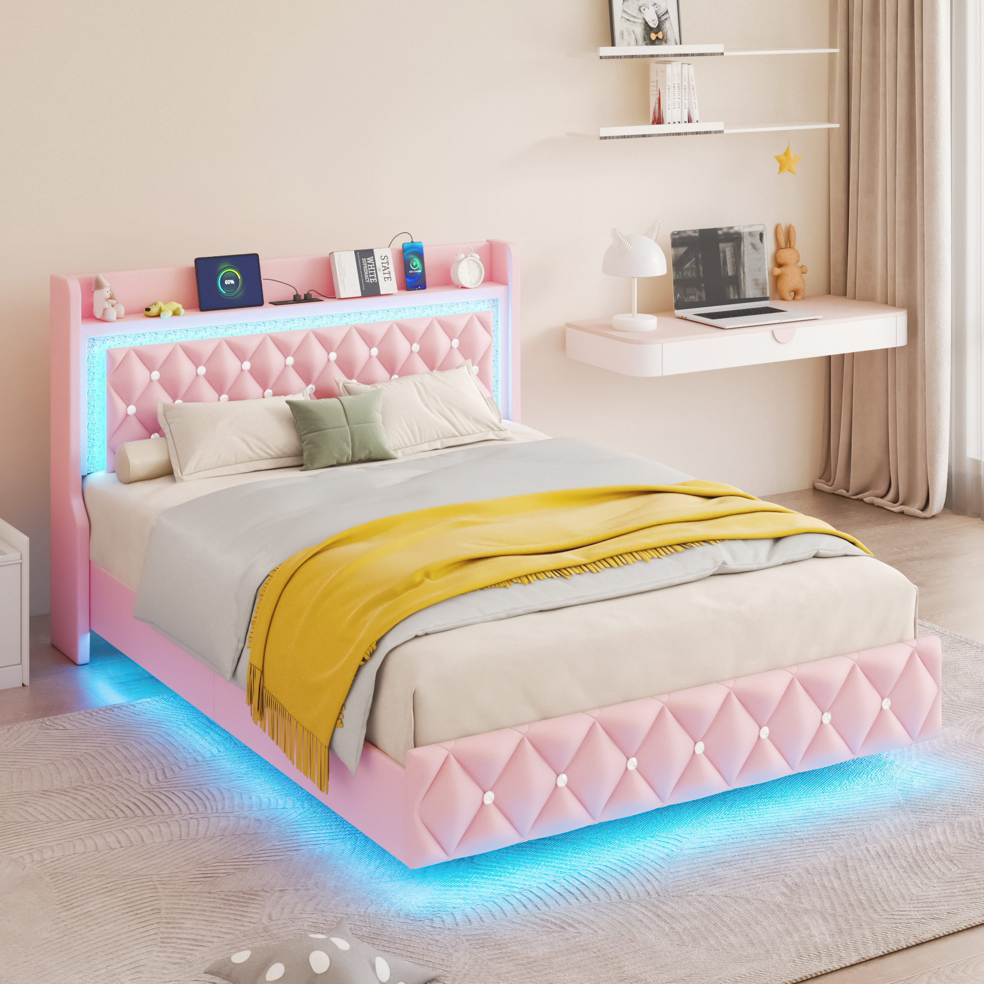 Blotout Floating Bed Frame with LED Lights&Power Outlet, Upholstered Pu Leather Platform Bed with Diamond Tufted Storage Headboard & Footboard, No Box Spring Needed, Noise Free