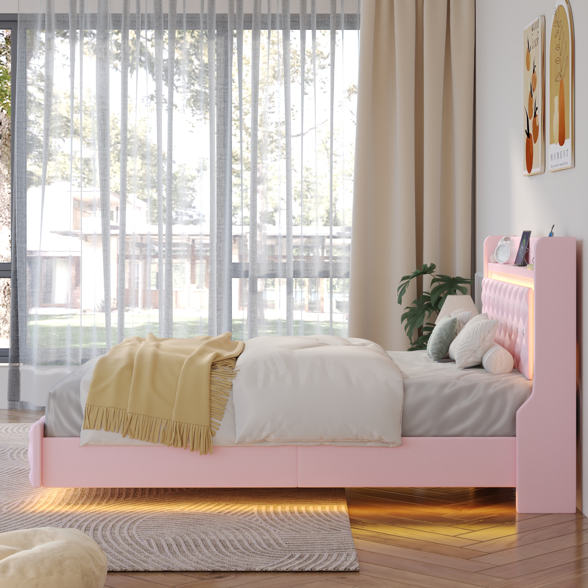 Blotout Floating Bed Frame with LED Lights&Power Outlet, Upholstered Pu Leather Platform Bed with Diamond Tufted Storage Headboard & Footboard, No Box Spring Needed, Noise Free